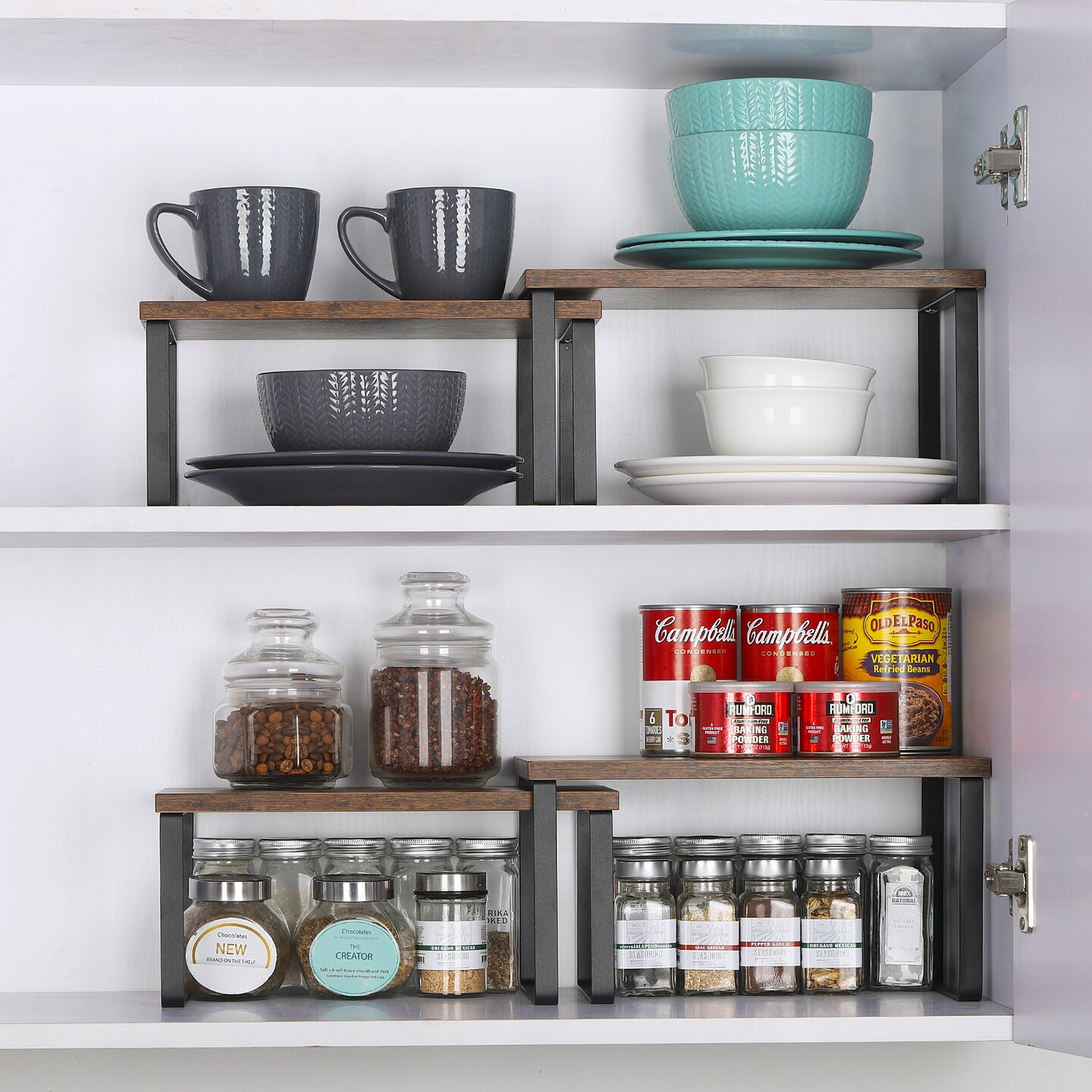 4-Pack Stackable Expandable Cabinet Shelf Organizer – Wood & Metal Counter Rack for Kitchen, Bathroom, Pantry (Multi-Configurable, Easy Install)