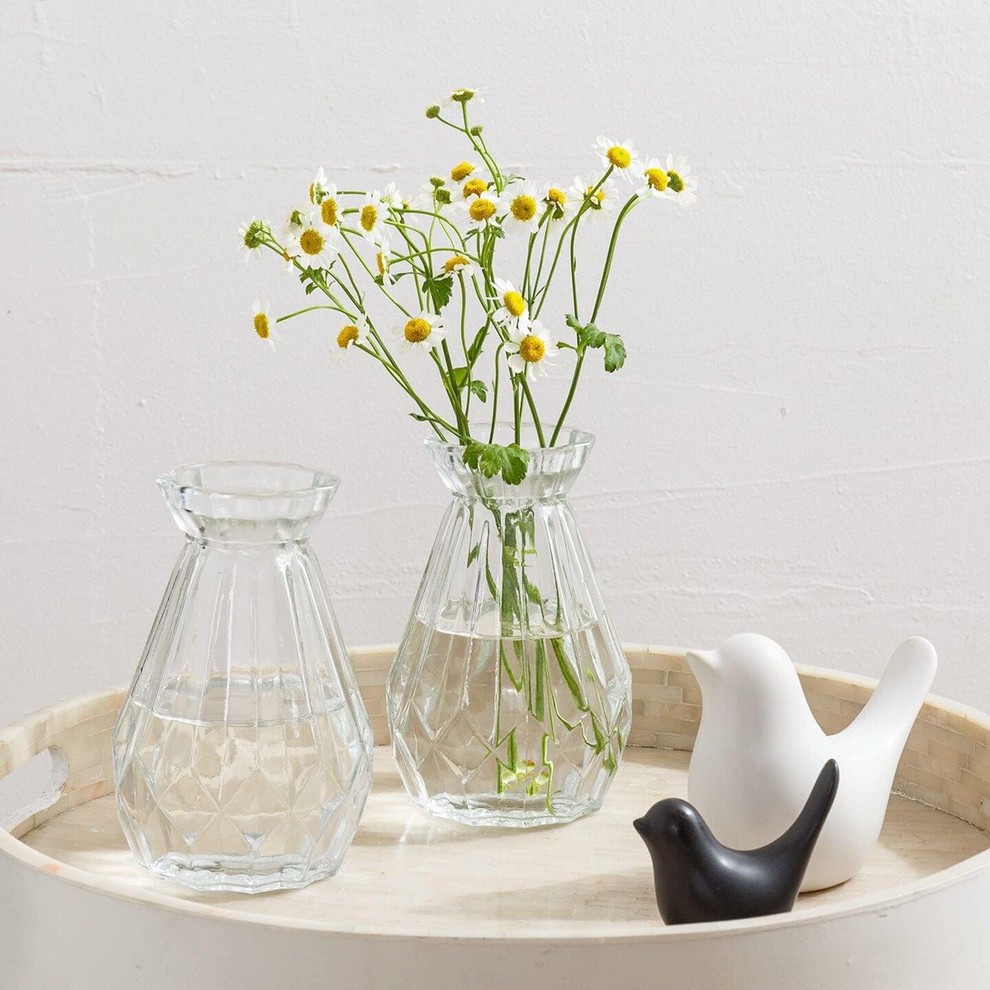 Small Glass Bud Vase, 5 Inch Decorative Flower Vases, Mini Vintage Style Centerpiece Vases with Diamond Faceted Design, Set of 2 3"L x 5.7"W x 3.8"H