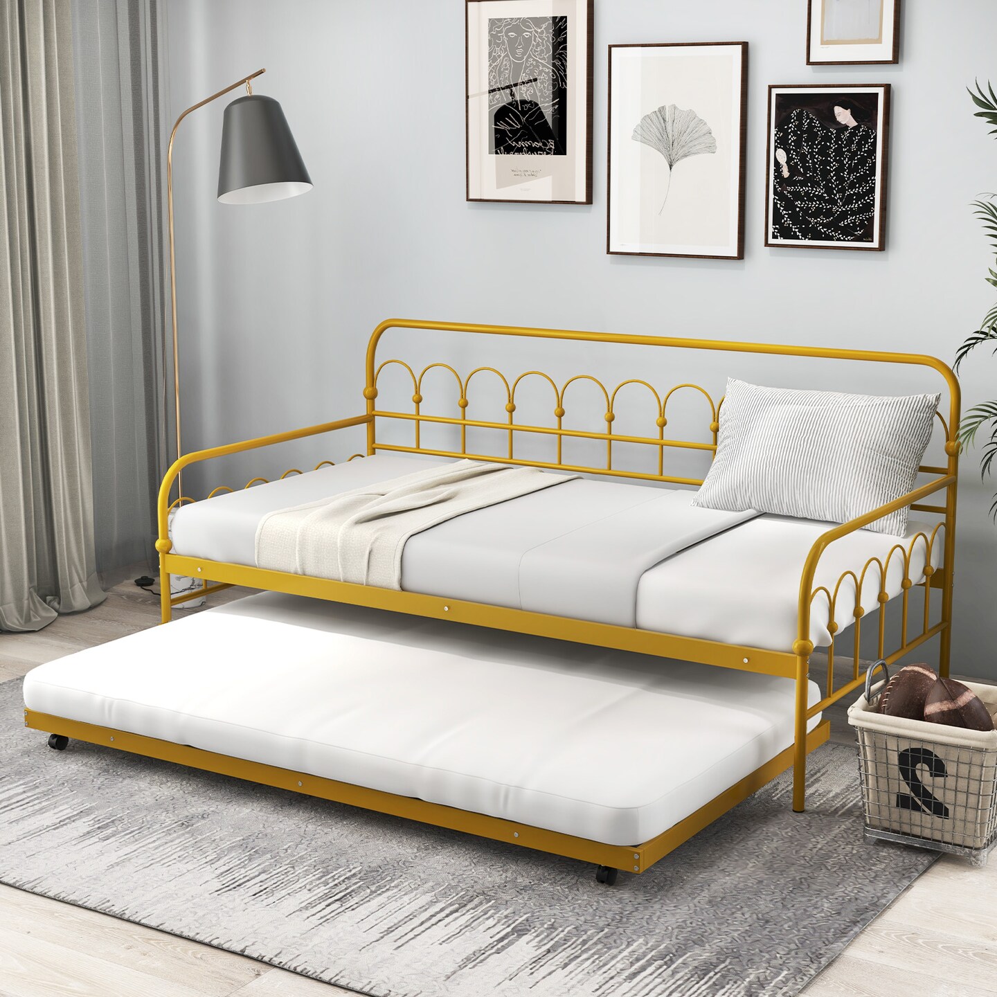 Golden Metal Daybed with Trundle, Lockable Wheels, and 330 lbs Load Capacity