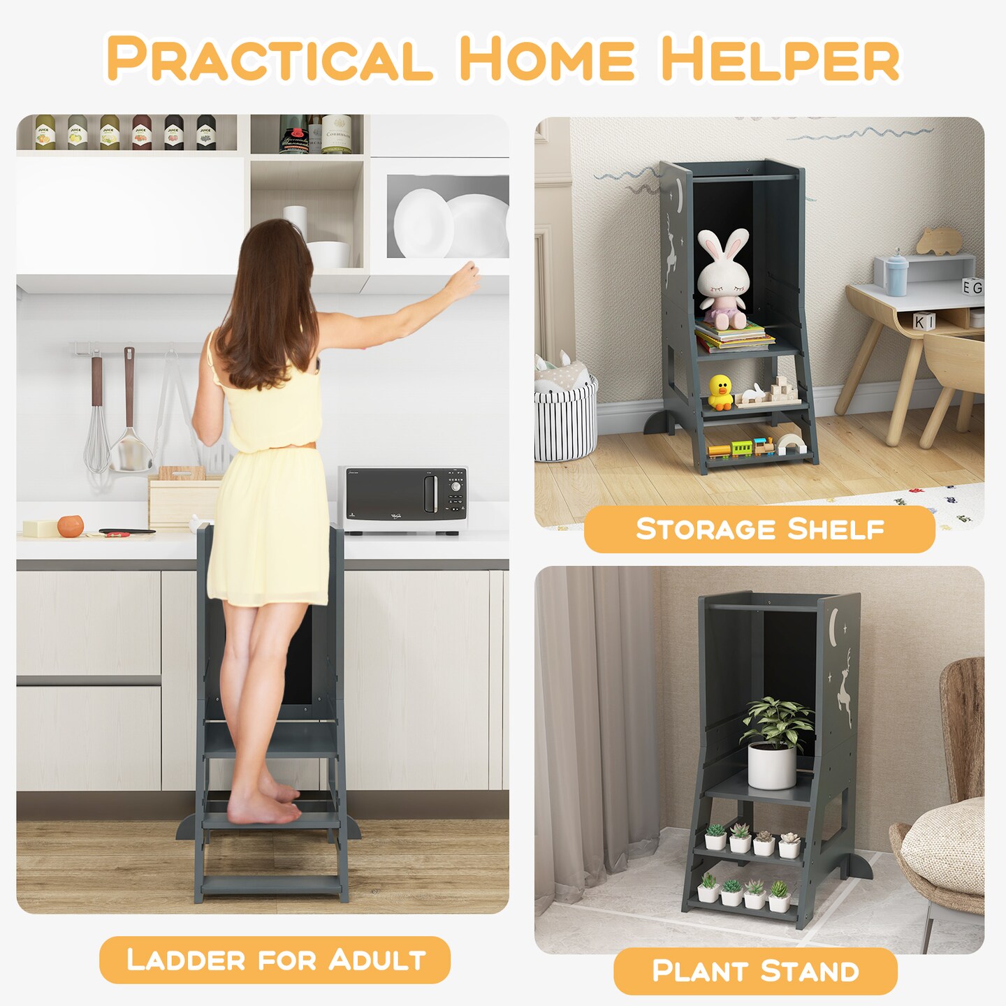 3 in 1 Multi-functional Design Kids Kitchen Standing Stool Tower with Chalkboard and Whiteboard