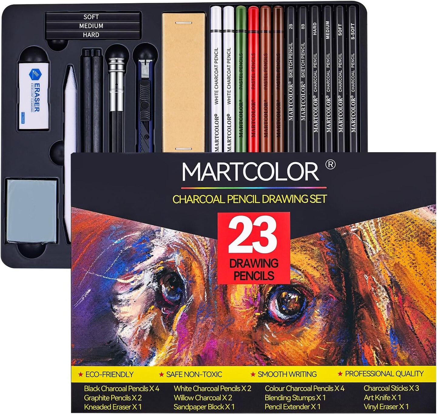 Charcoal Drawing Set, Set of 23, Graphite Pencils, Black &#x26; White Charcoal Pencils for Drawing, Sketching, Shading, Blending, Artist Pencils for Beginners &#x26; Pro Artists