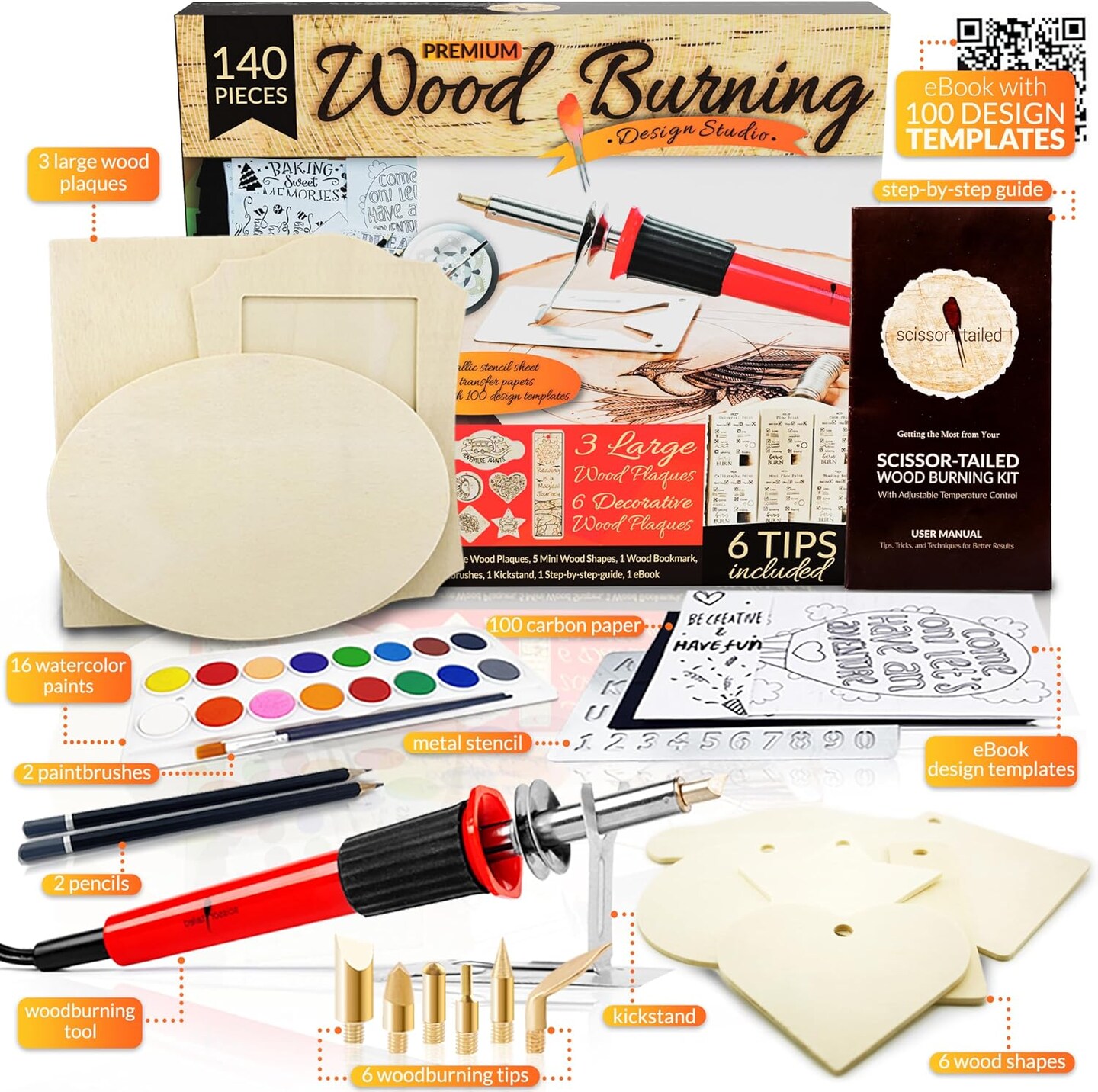 Beginners Wood Burning Kit 140 Pieces. Best Gift Idea for Art &#x26; Craft Kit Lovers. Woodburning DIY Hobby Kits With 9 Large Wooden Plaques To Make Unique Wood Burning Projects