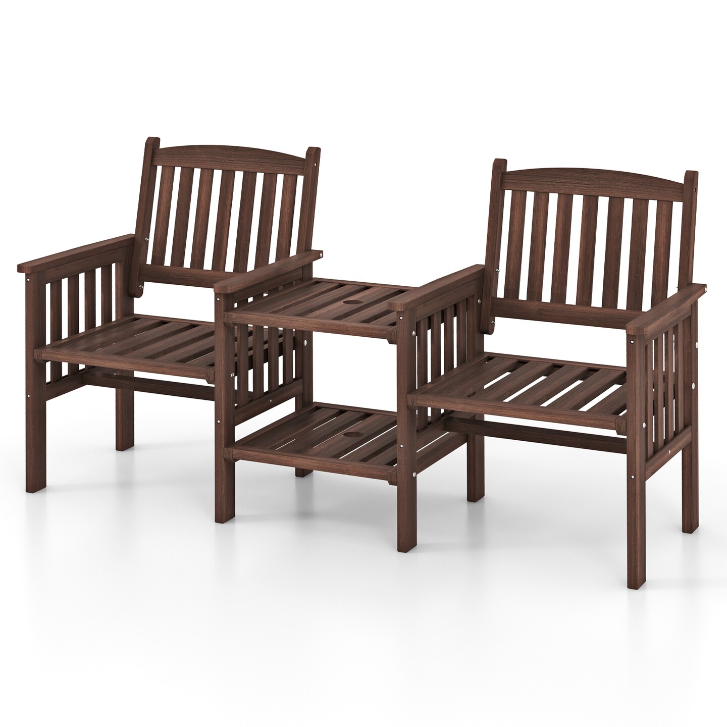 Fir Wood Loveseat Patio Bench with Umbrella Hole, 2-tier Table and Slatted Chairs