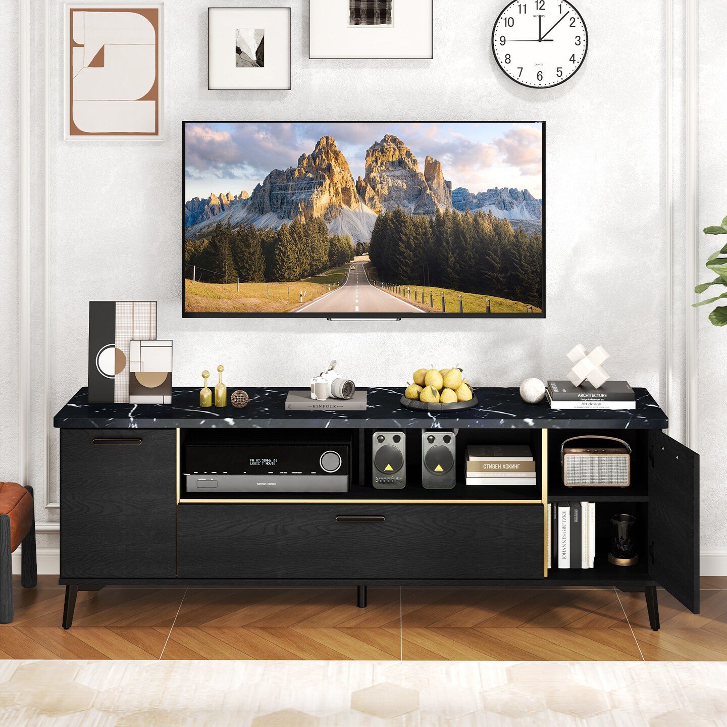 Black Faux Marble TV Stand with Gold Edges, Storage Cabinets and Adjustable Shelves