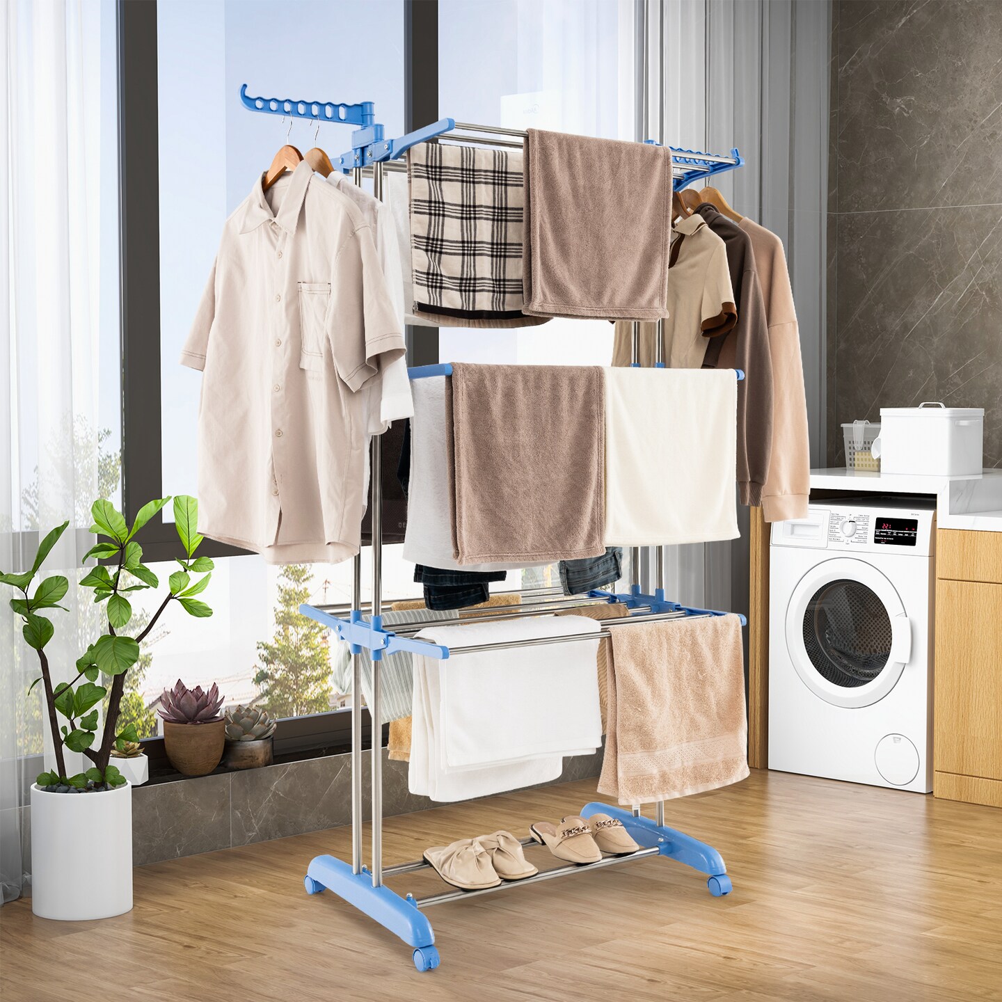 Blue 4-Tier Freestanding Folding Clothes Drying Rack with Rotatable Side Wings and 8 Hanging Rods