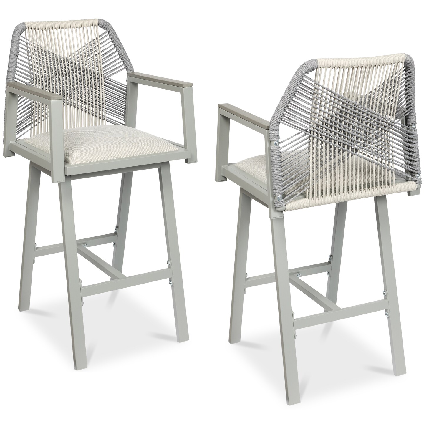 Best Choice Products Set of 2 Indoor/Outdoor Aluminum, Woven Rope Swivel Barstools w/ Armrests