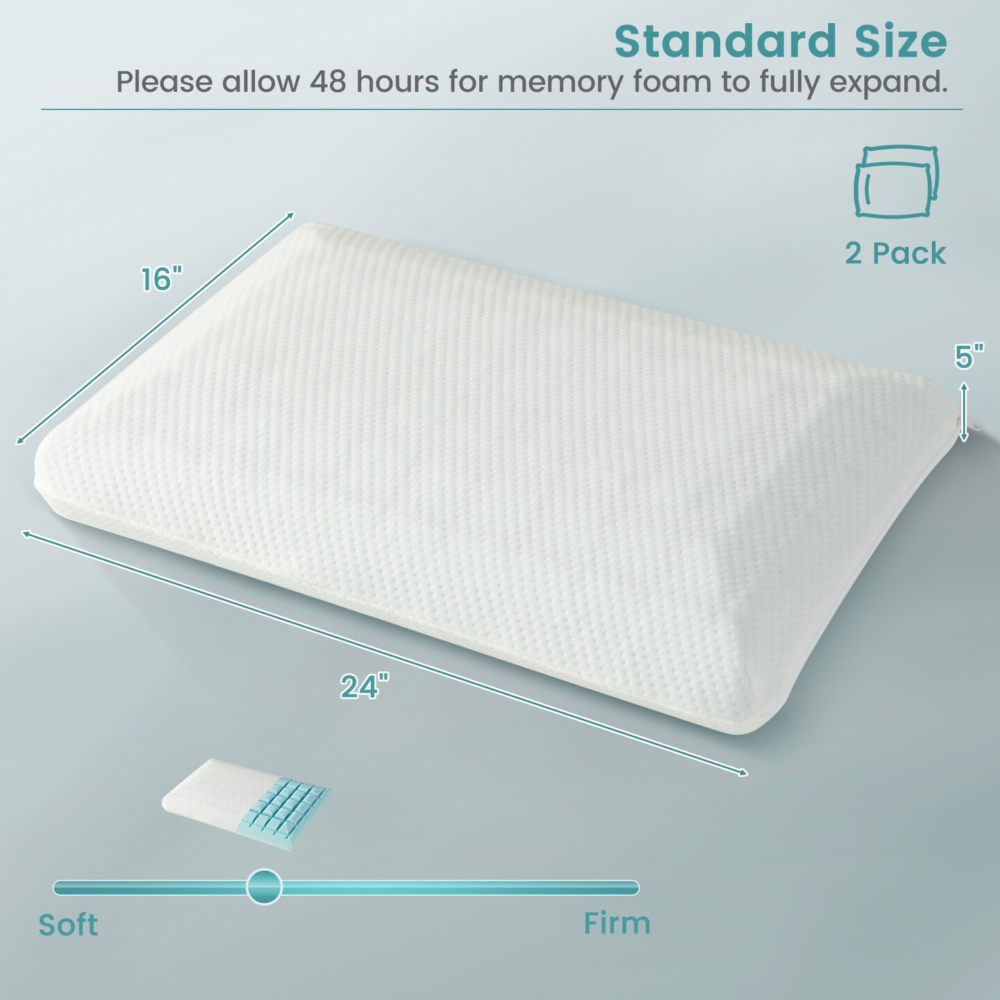 Cooling Gel Memory Foam Pillow with 3D Cutting Technology for Neck Support - Set of 2