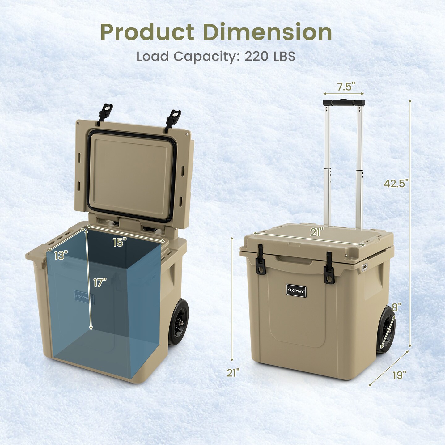Sand 45 Quart Cooler Towable Ice Chest with 3-Position Adjustable Handle and Smooth-Moving Wheels