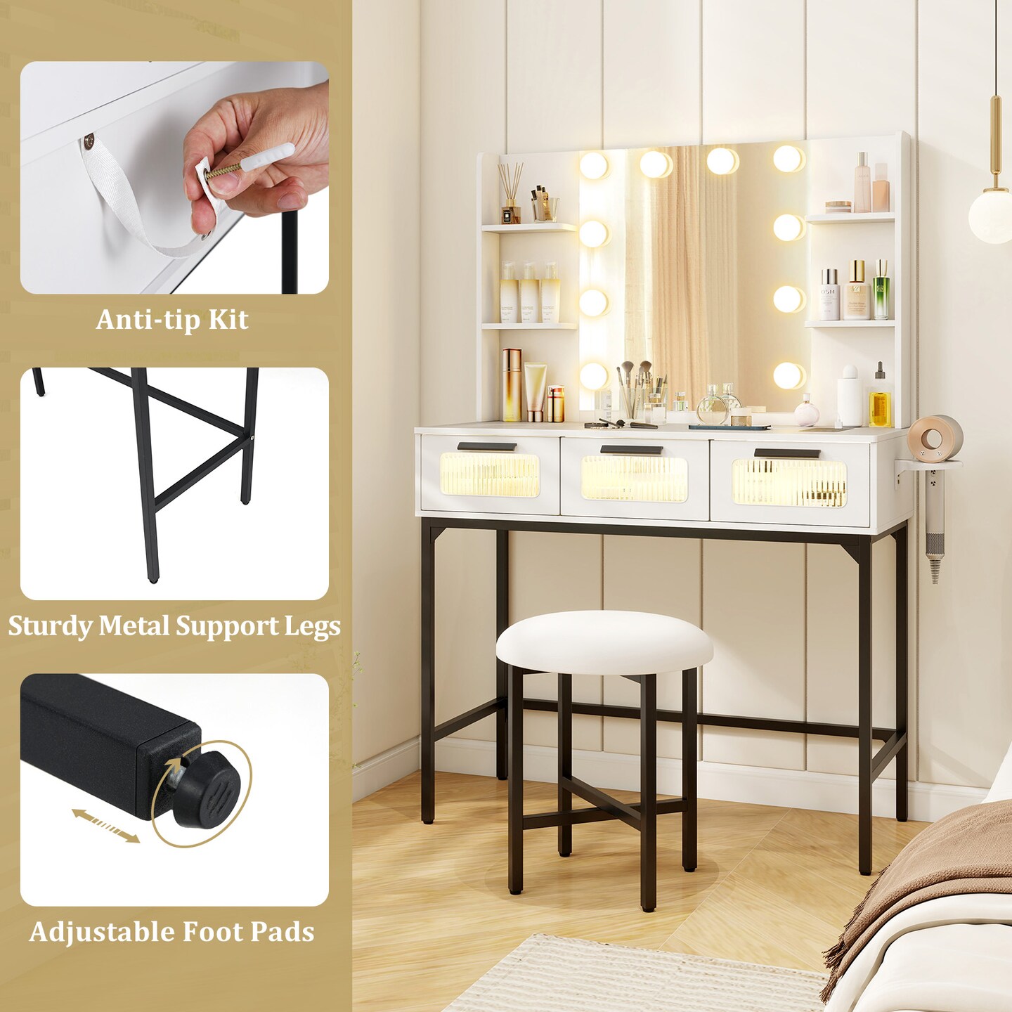 White Vanity Set with 3-Color LED Mirror, Charging Station &#x26; Storage