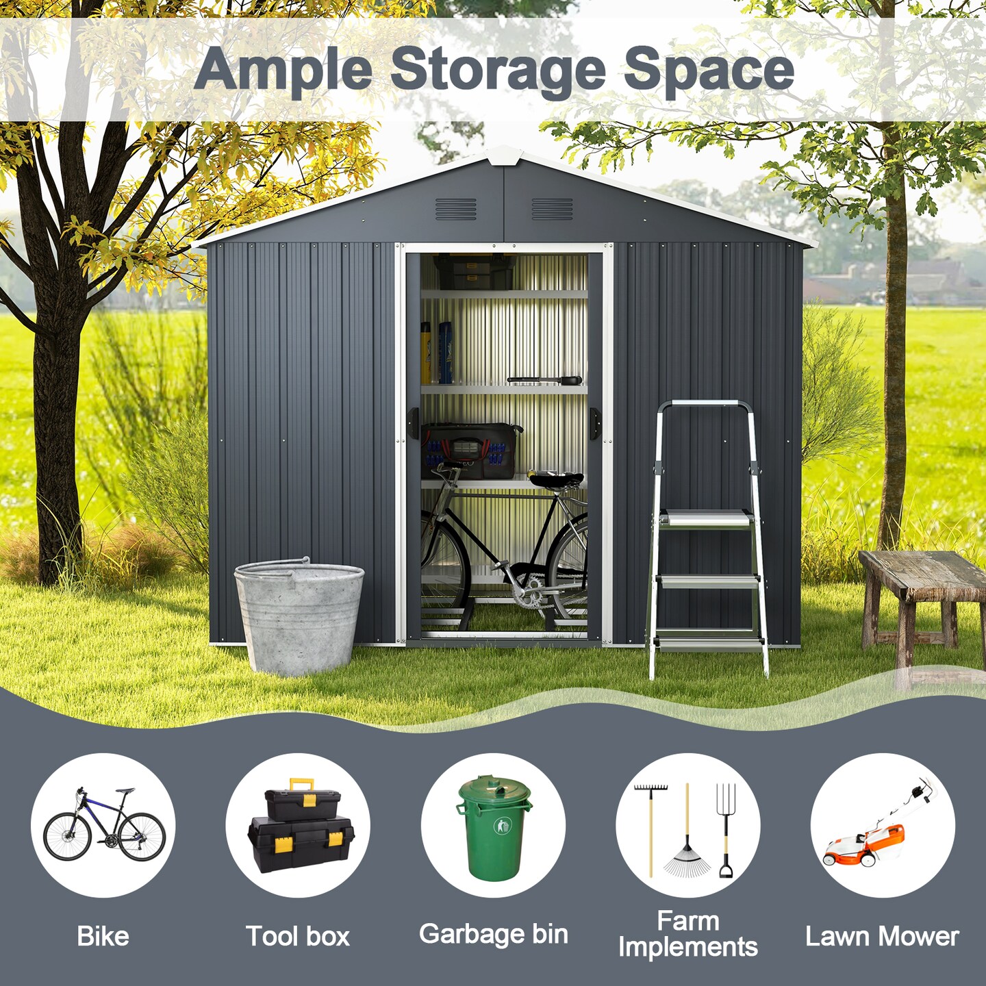 Grey Steel Outside Storage Shed with Lock Air Window and Two Sliding Doors