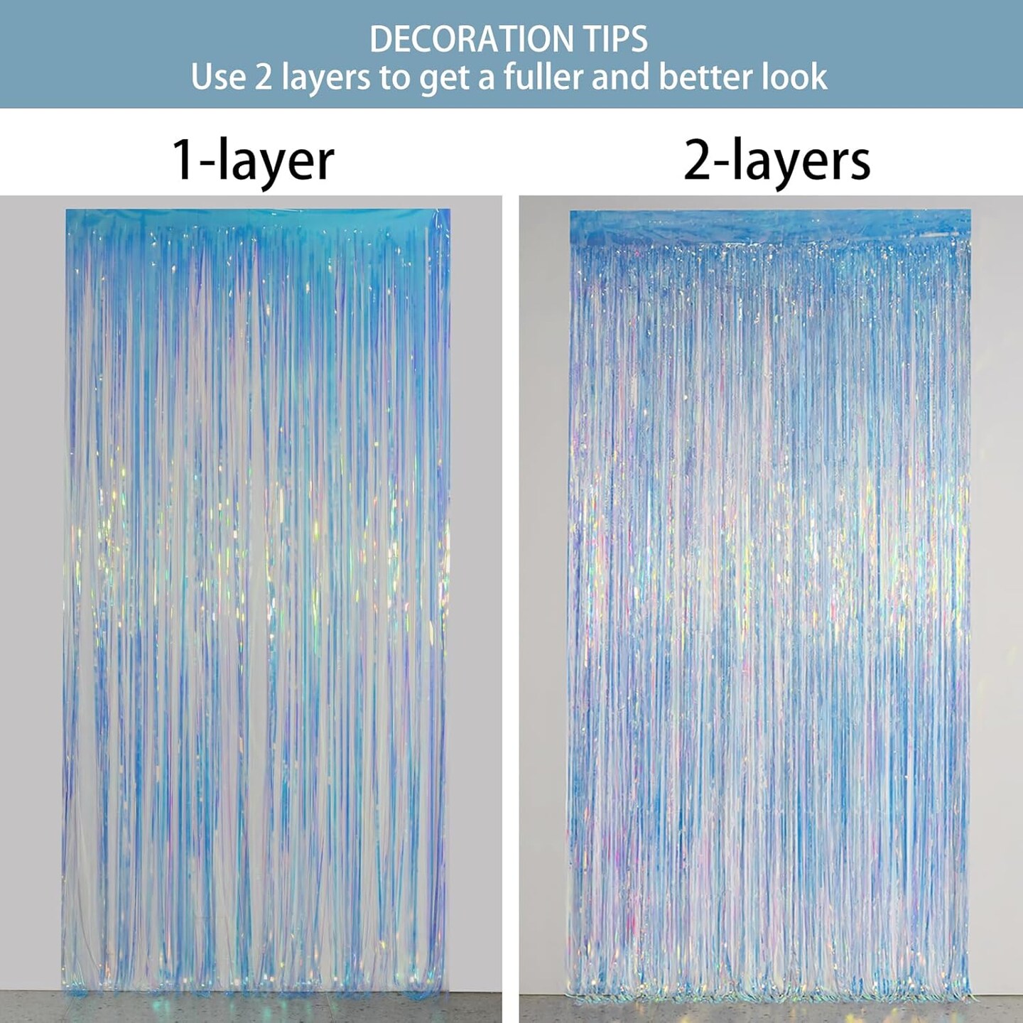 Iridescent Foil Fringe Backdrops Party Decorations - 2 Pack 3.2 x 6.5 ft Metallic Tinsel Photo Backdrop Curtains for Mermaid Unicorn Birthdays Parties