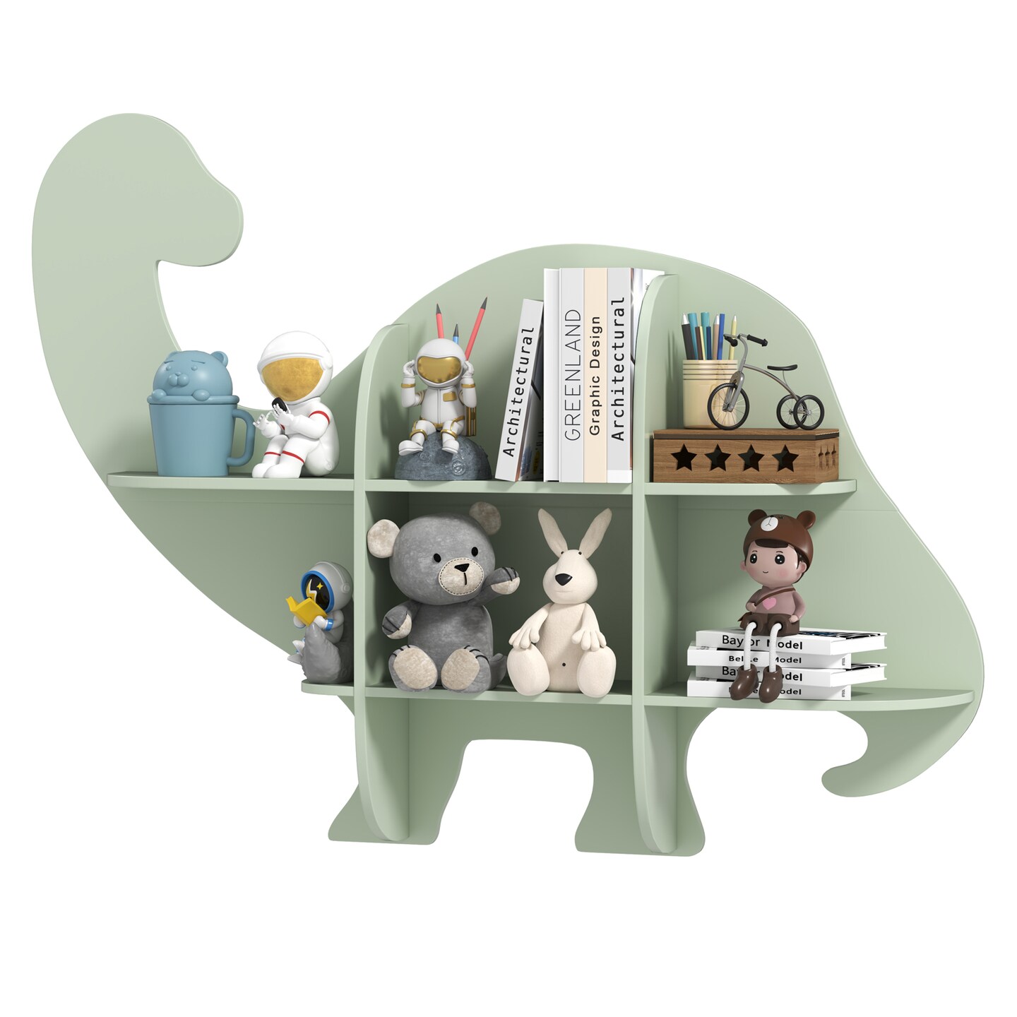 Green MDF Dinosaur Kids Bookshelf with Wall Mount, 2-Tier Storage and Safety Design