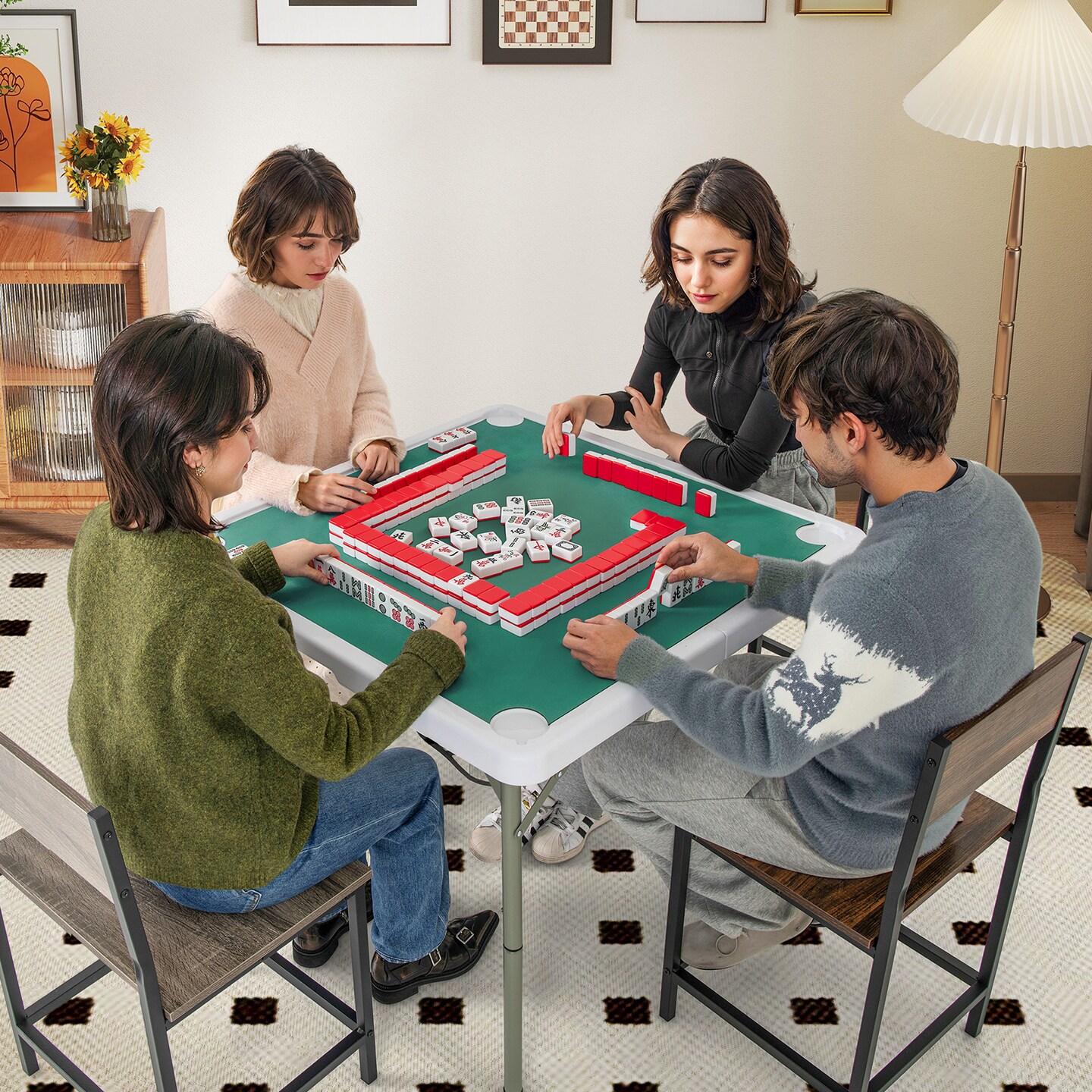 Portable Folding Mahjong Table with Cup Holders and Game Mat