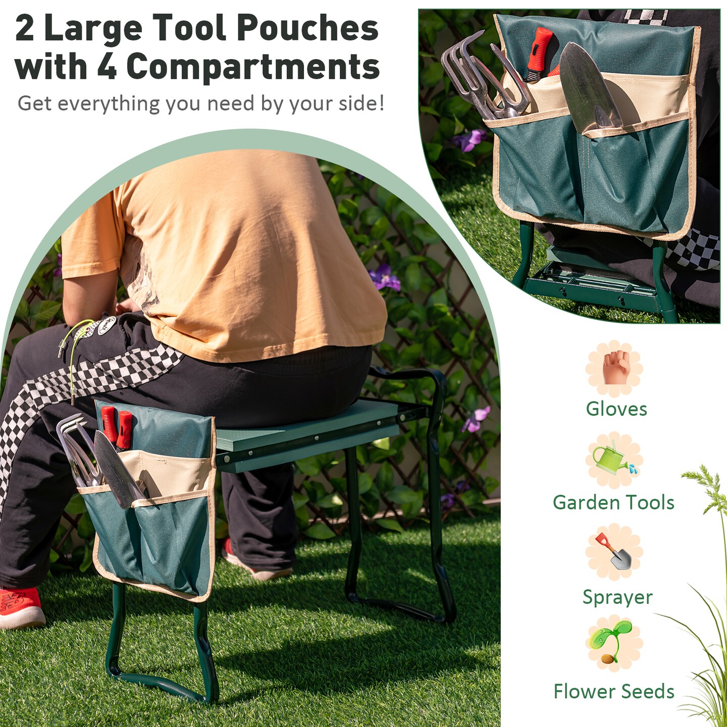 Green Folding Sturdy Garden Kneeler Pad and Cushion Seat with Durable Steel Frame