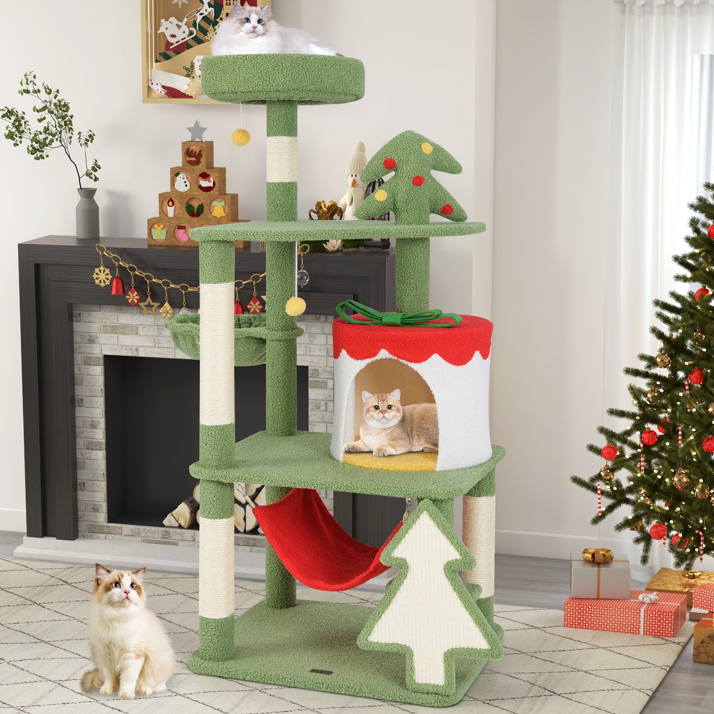 Green and Red Christmas Cat Tree with Condo, Scratcher and Hammock