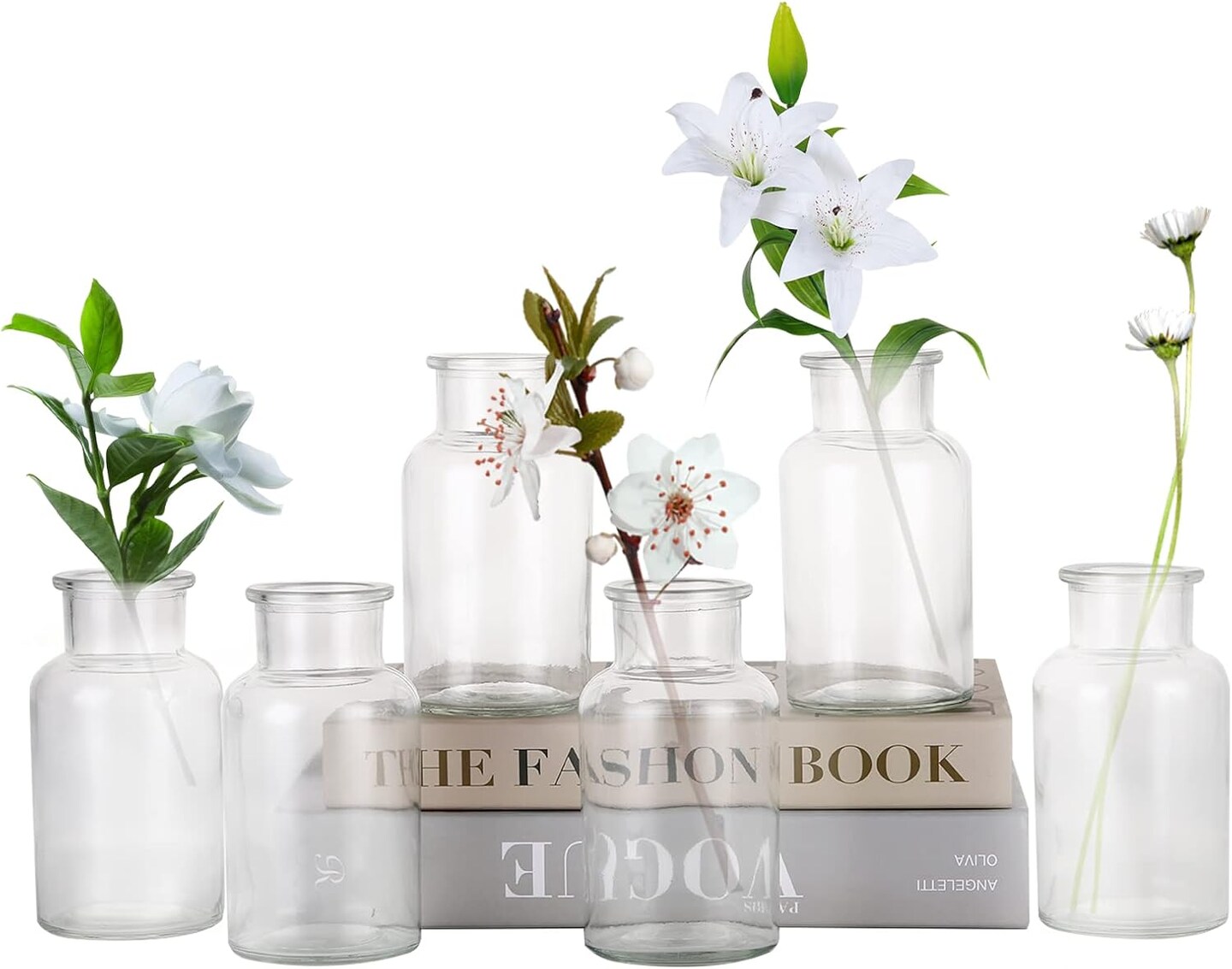 Set of 6 Glass Vases, Clear Glass Bud Vases, Small Flower Vases, Decorative Glass Bottles, Vintage Look Apothecary Jars for Wedding Dining Table Home Decor (Wide Clear)