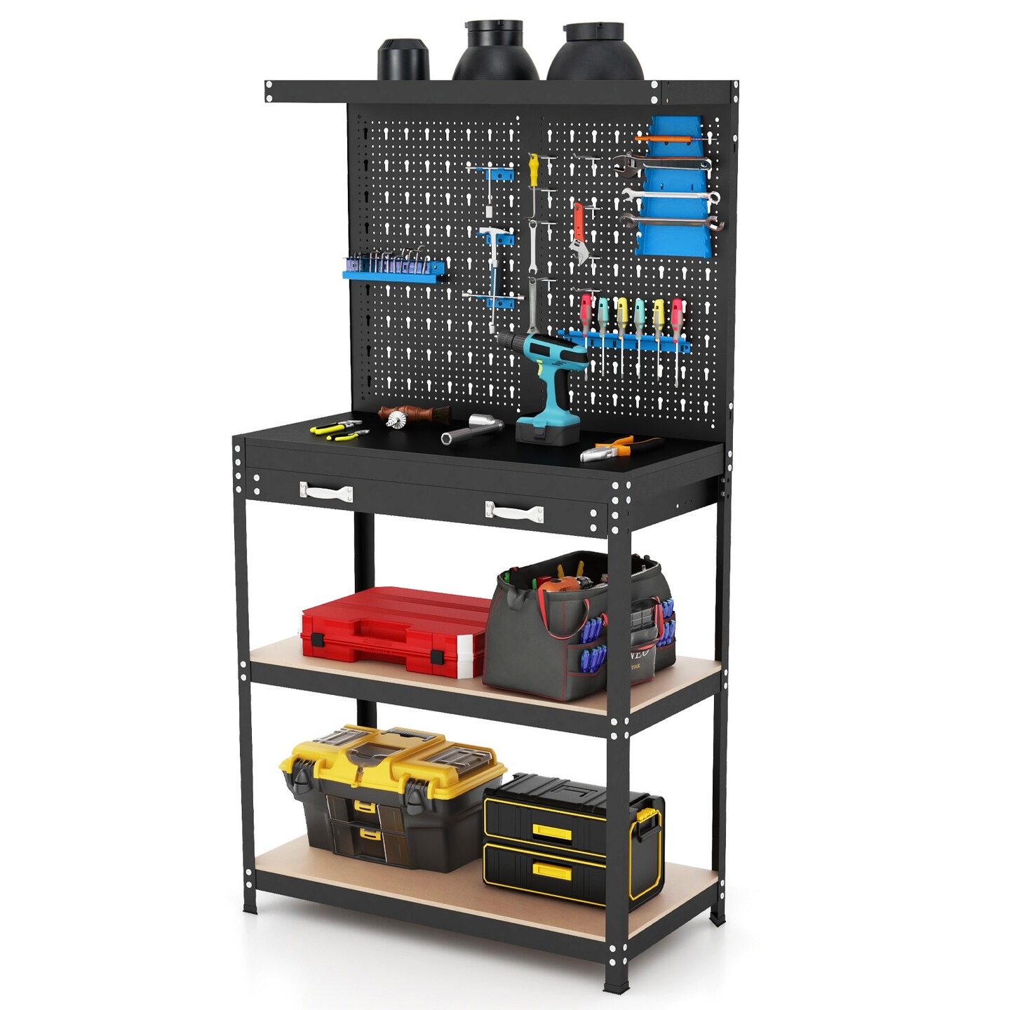 Freestanding Tool Storage Workbench with Pegboard with 14 Hanging Accessories and 2 Drawers