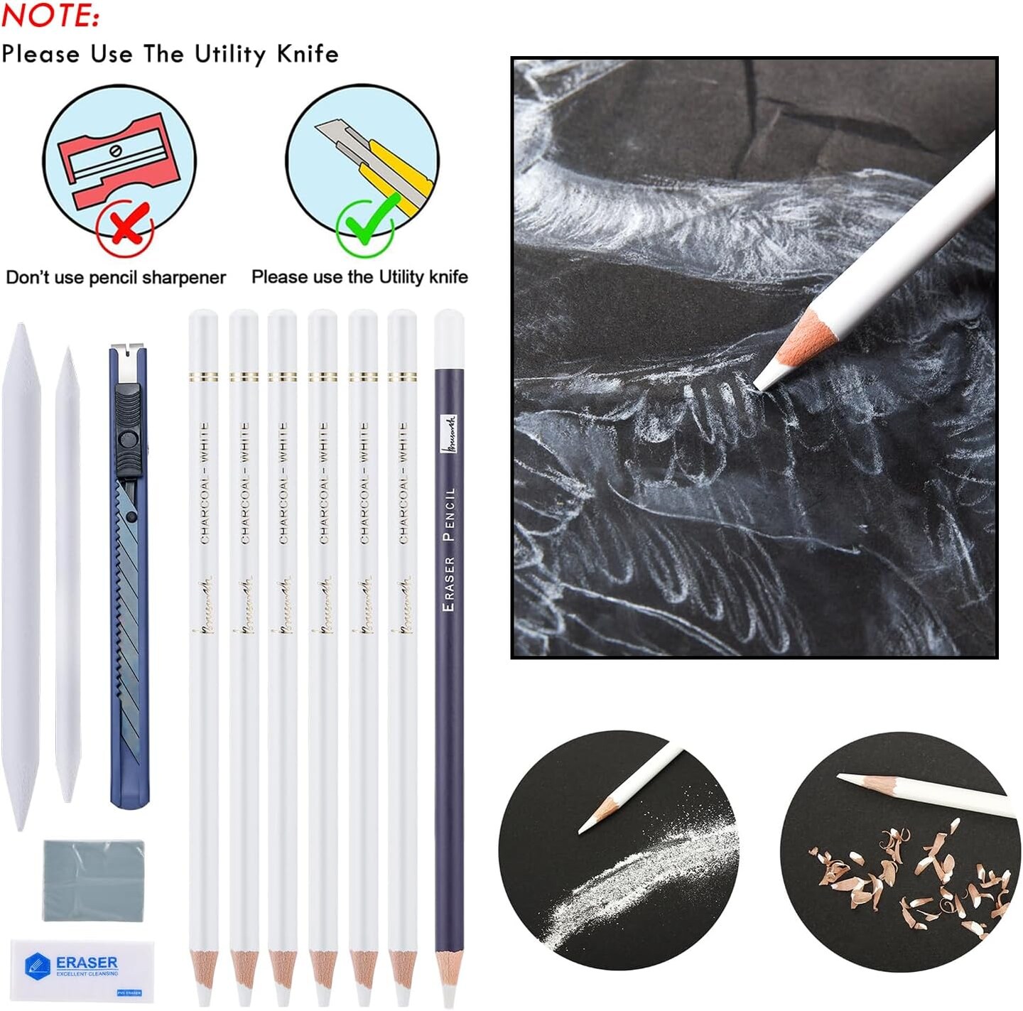 White Charcoal Pencils Set - 12 Piece White Colored Pencils for Drawing, Sketching, Shading, Blending, White Chalk Pencils for Kid, Beginners &#x26; Pro Artists