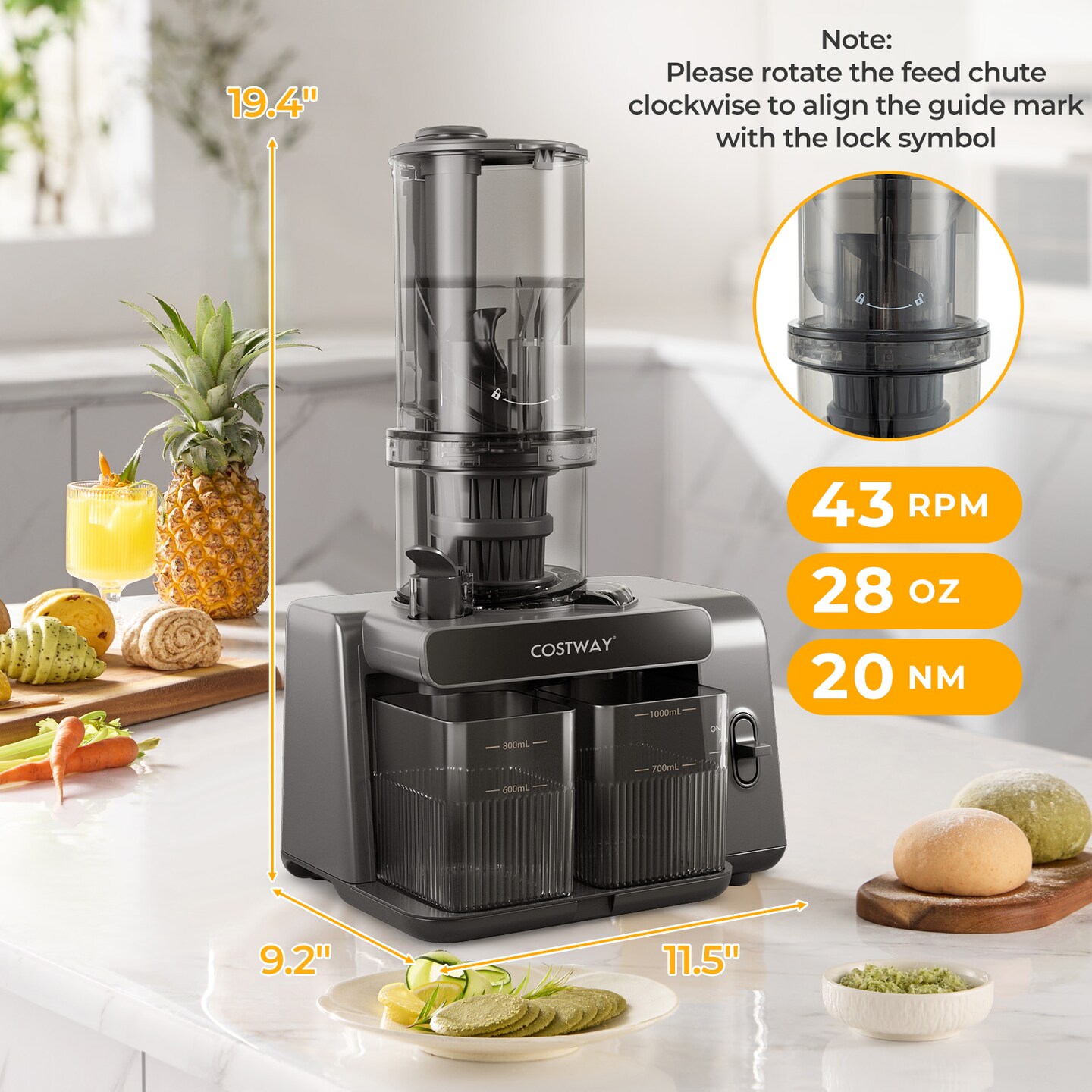 Cold Press Juicer with 5.3" Wide Feed Chute and Ultra-Fine Masticating Technology – Gray