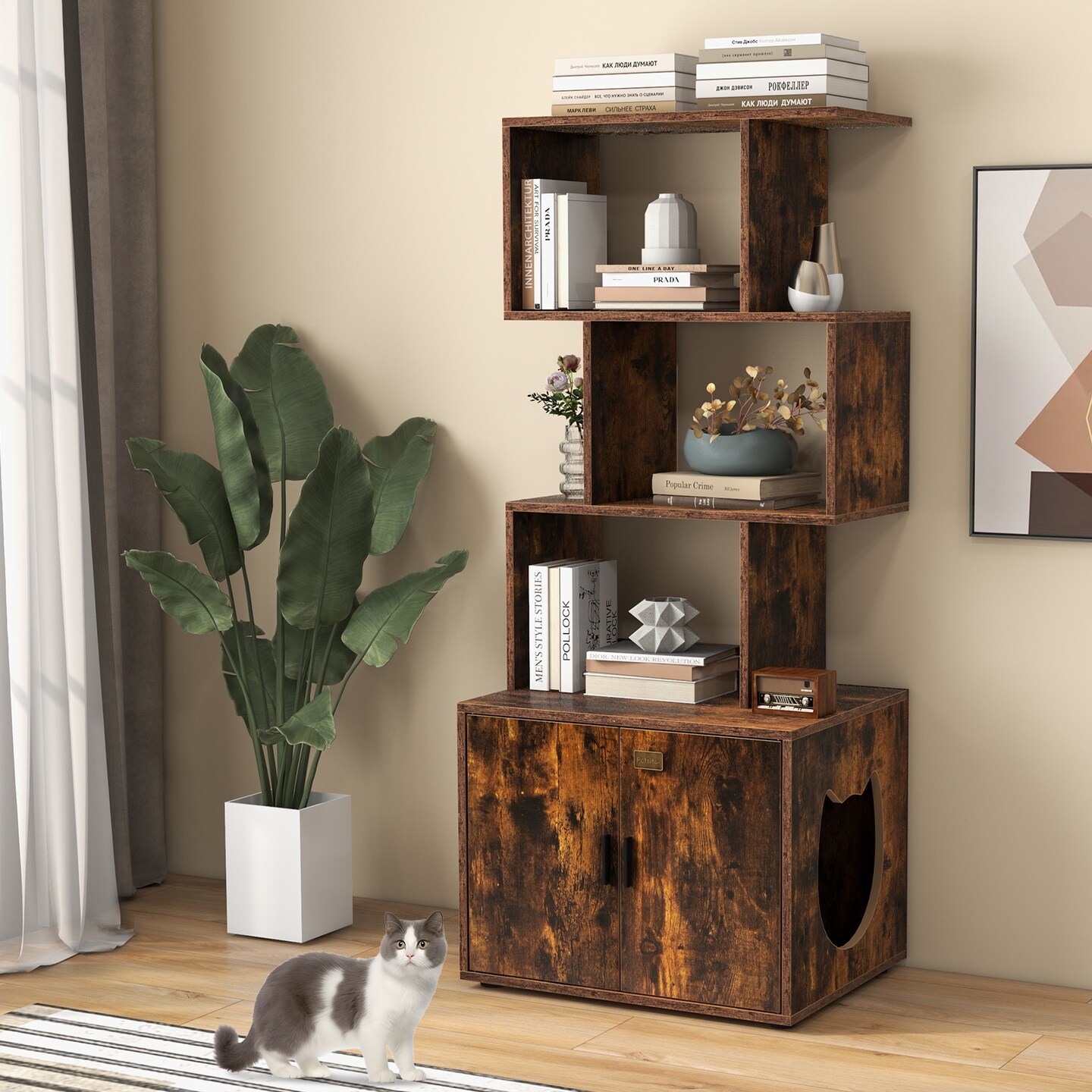 MDF Metal Cat Cabinet with Shelves and Litter Box Enclosure