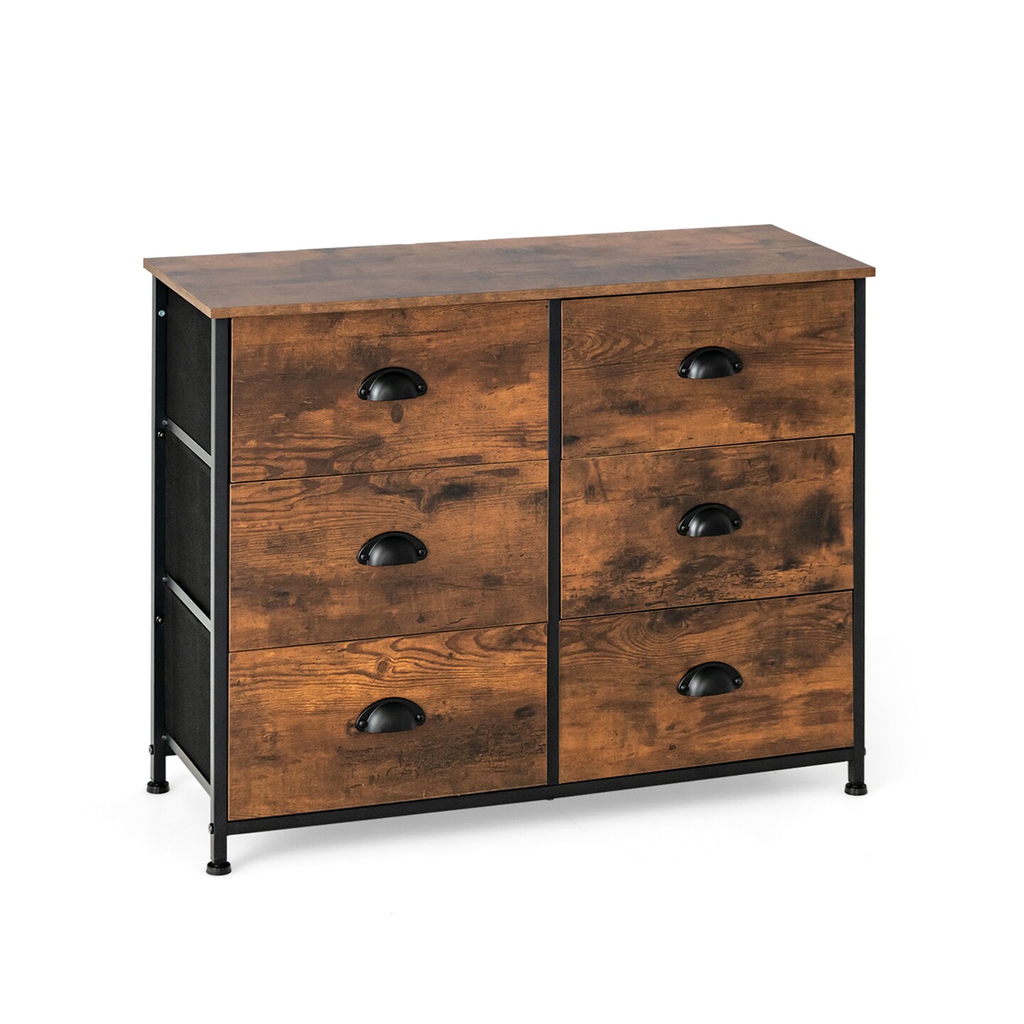 Rustic Brown MDF 6 Drawer Dresser with Metal Frame and Fabric Storage