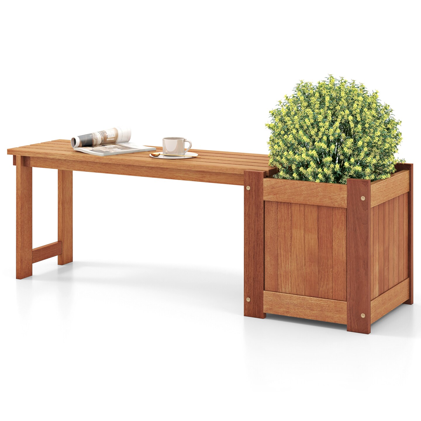 Natural Wood Garden Bench with Built-In Planter Box and Weather-Resistant Outdoor Seating