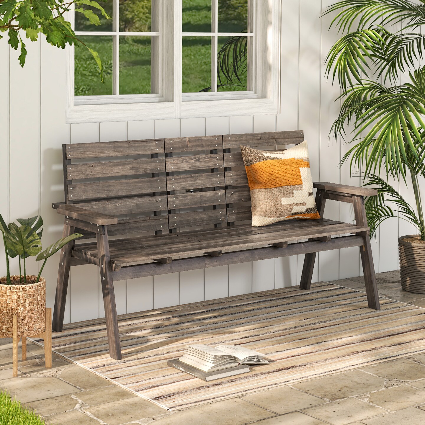 Coffee Wooden Outdoor Bench with Foldable Middle Table Ideal for 2-3 People