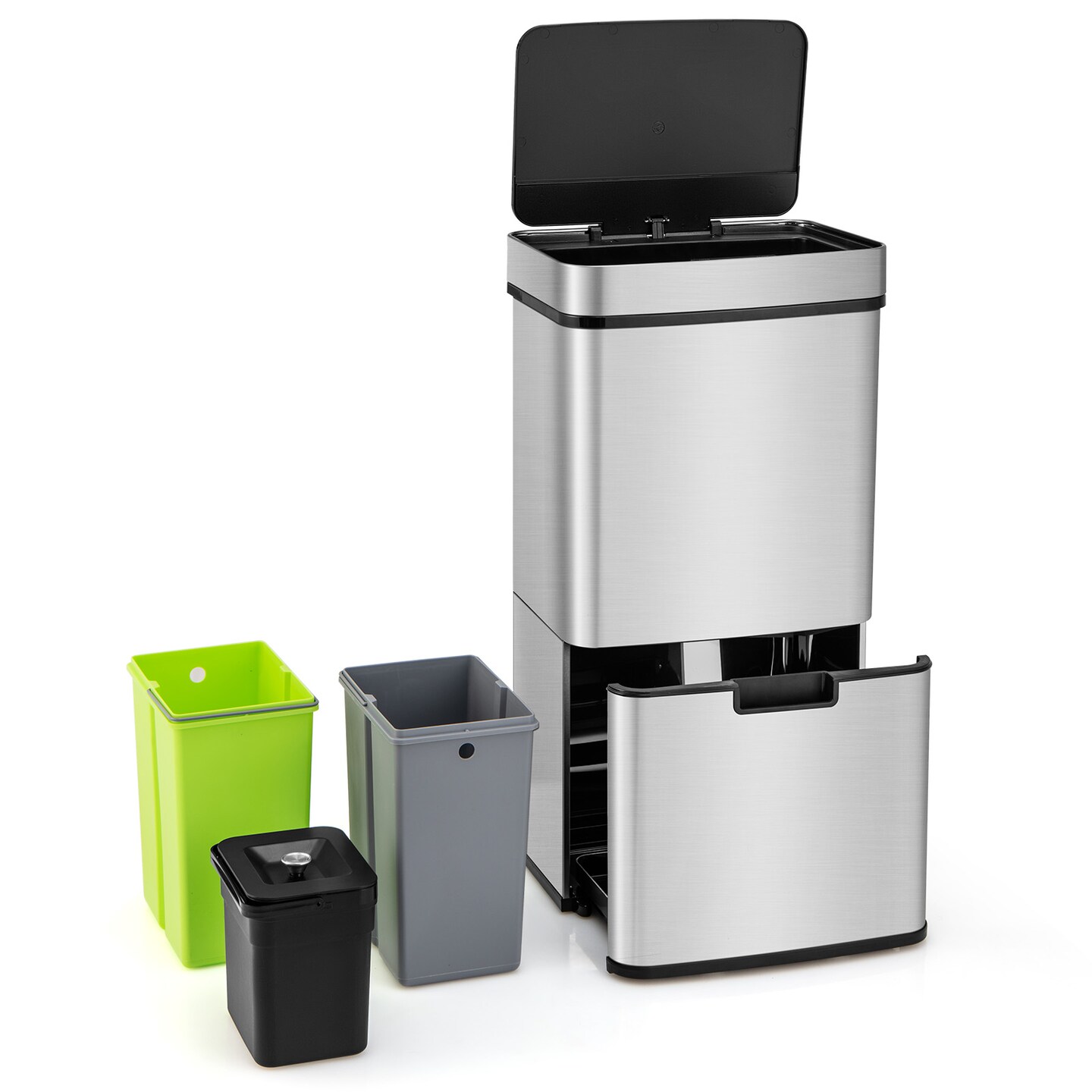 Silver Stainless Steel Motion Sensor Trash Can with 4 Compartments
