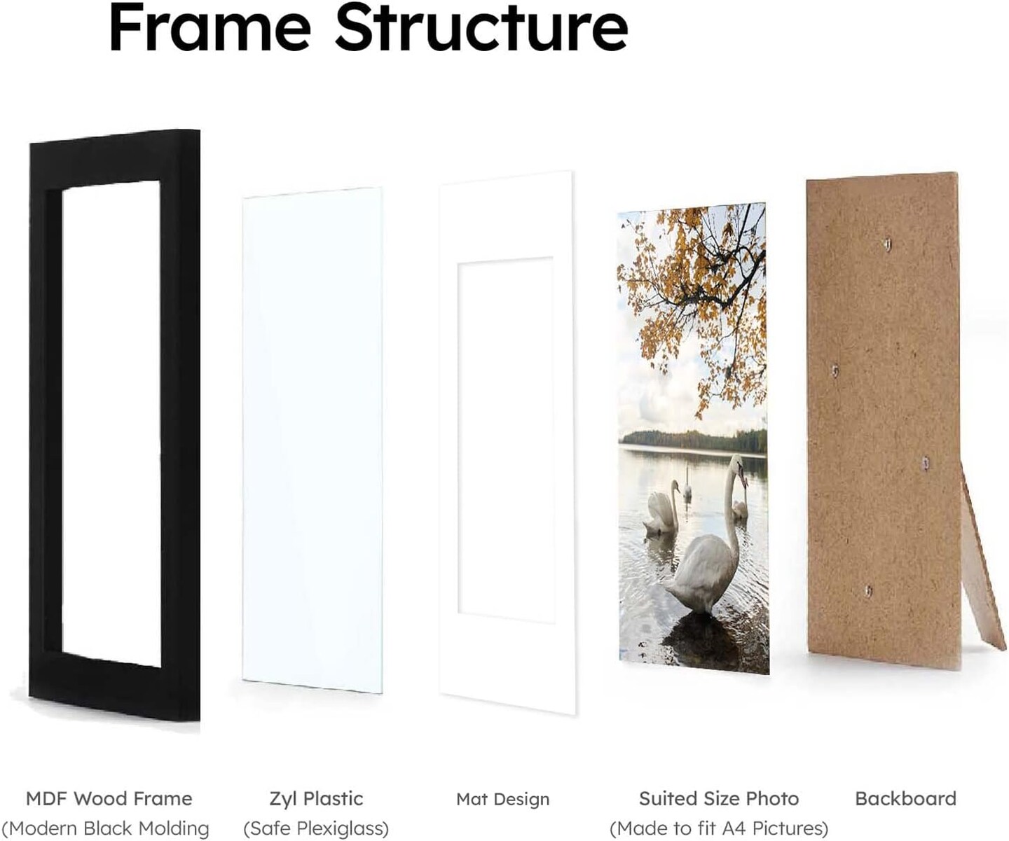A4 Frame Black - Display 6x8 Picture Frame With Mat or 8.27x11.69 Inch Without Mat Poster Frame, Certificate Document Frame, for Wall Art