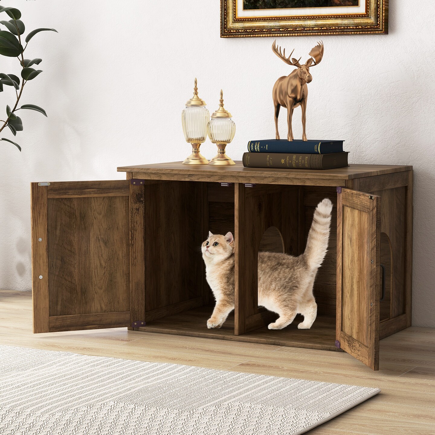 Oak Wooden Flip Top Hidden Cat Washroom Furniture with Removable Divider and Flip Top Opening