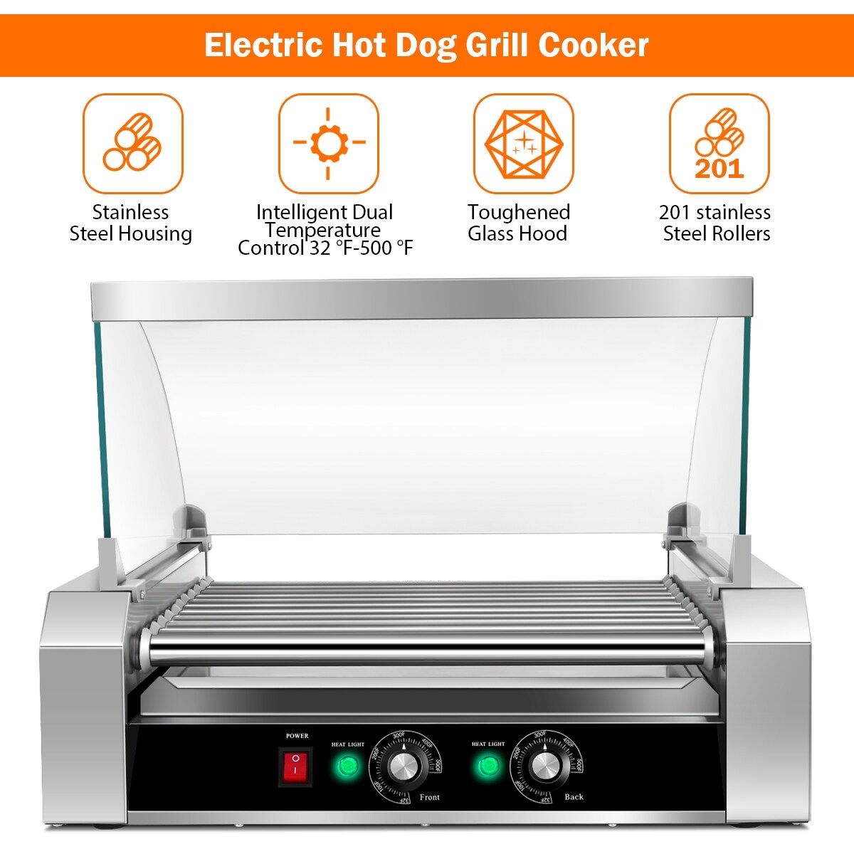 Silver Stainless Steel 11-Roller Hot Dog Grill with Glass Cover