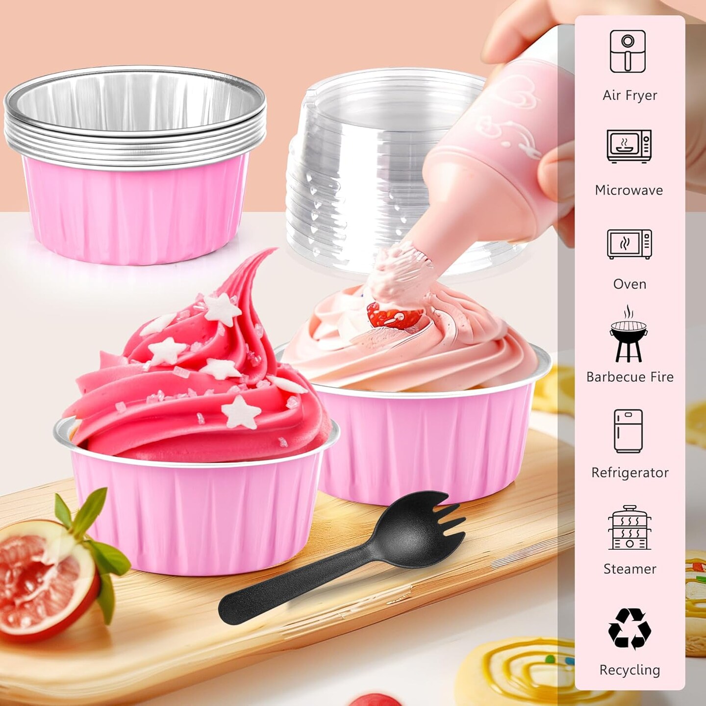 Disposable Ramekins 50 Packs with Lids and Spoons,Mini Cake Pans Round Aluminum Foil Cupcake Baking Cups Muffin Cups Tins,Disposable Cakecup Wrappers Cheesecake Creme Brulee-5 Oz (Pink)