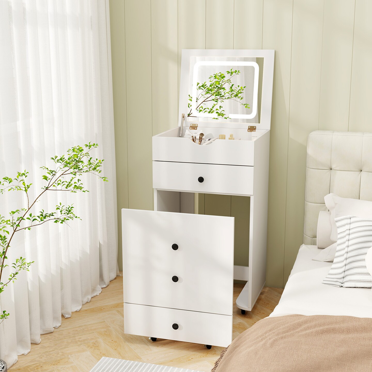 White Flip-Up Vanity Set with LED Mirror, Storage &#x26; Rolling Stool