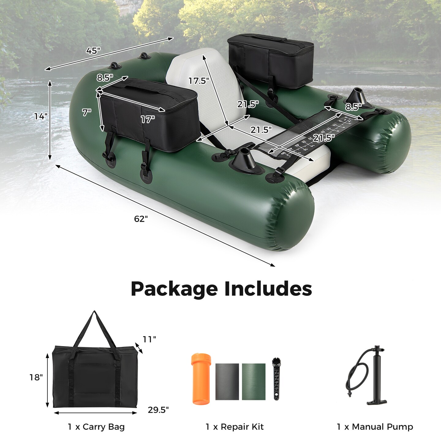 Camouflage Inflatable Fishing Float Tube with Adjustable Backrest and Storage Pockets