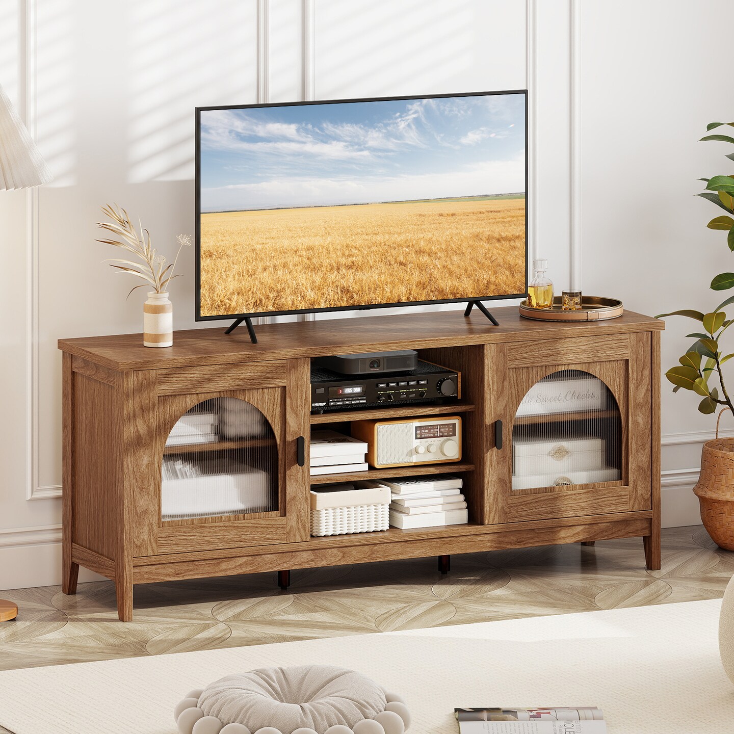 Engineered Wood TV Stand with Storage Shelves and Cable Holes