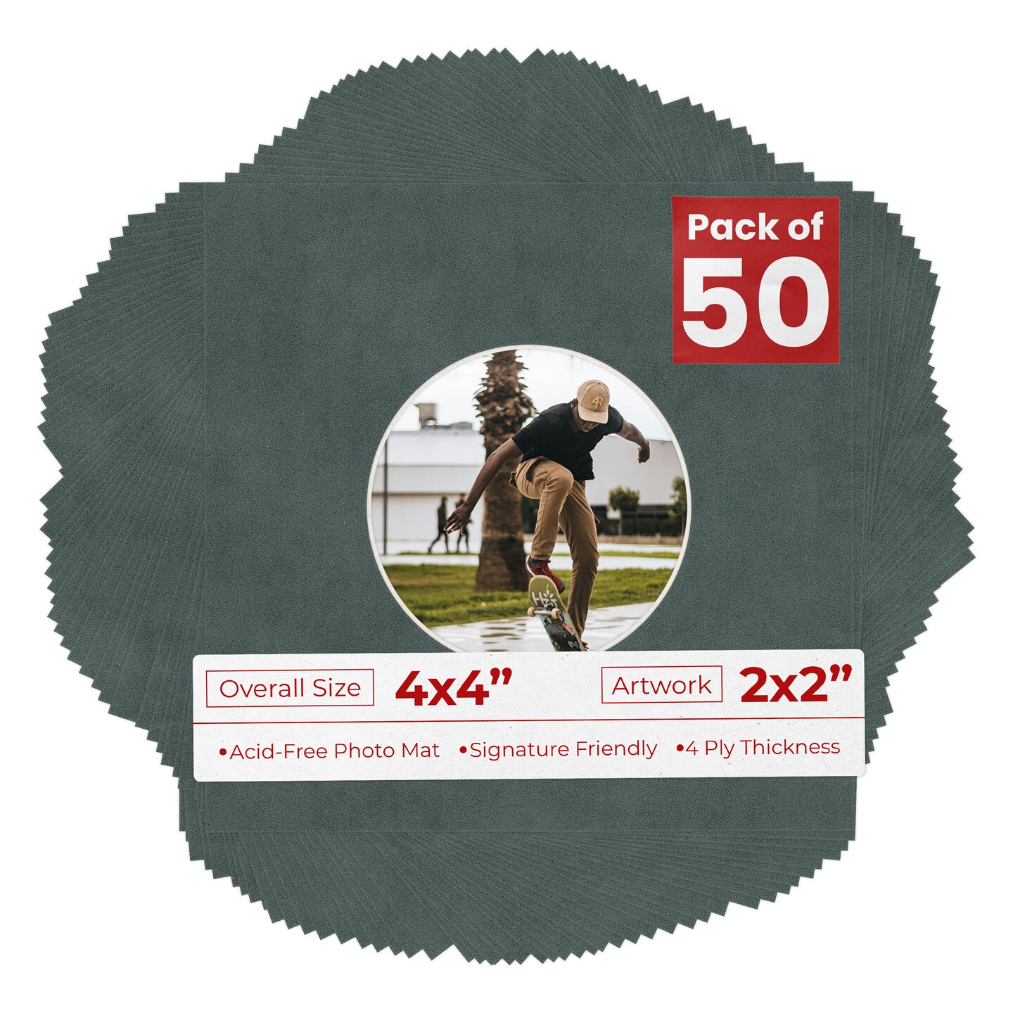 Dark Grey Suede Mat Board for 4x4 Inch Frames - Circle Opening for 2x2 Photos