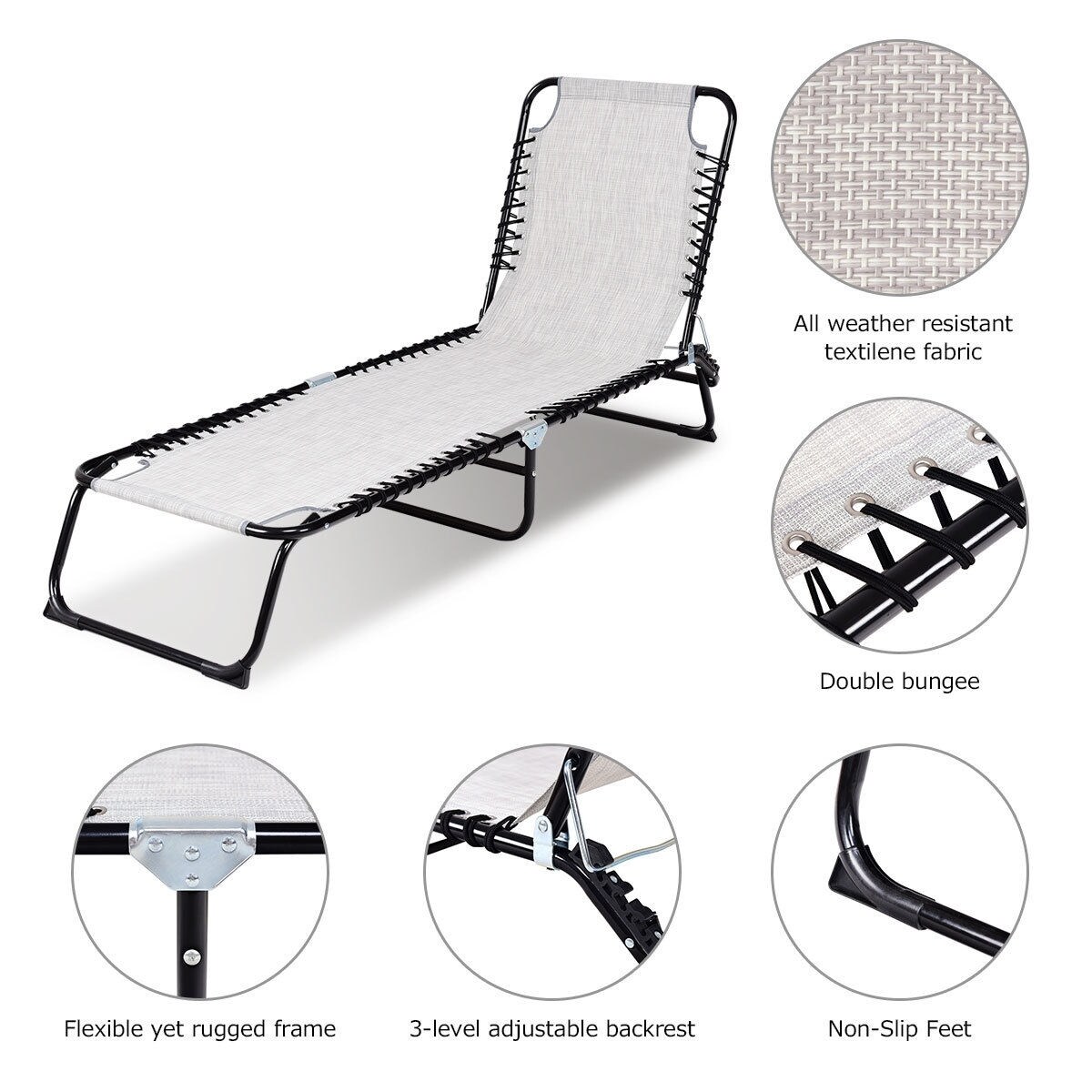 Adjustable Chaise Lounge Chair Foldable Steel Frame with Pillow Indoor Outdoor