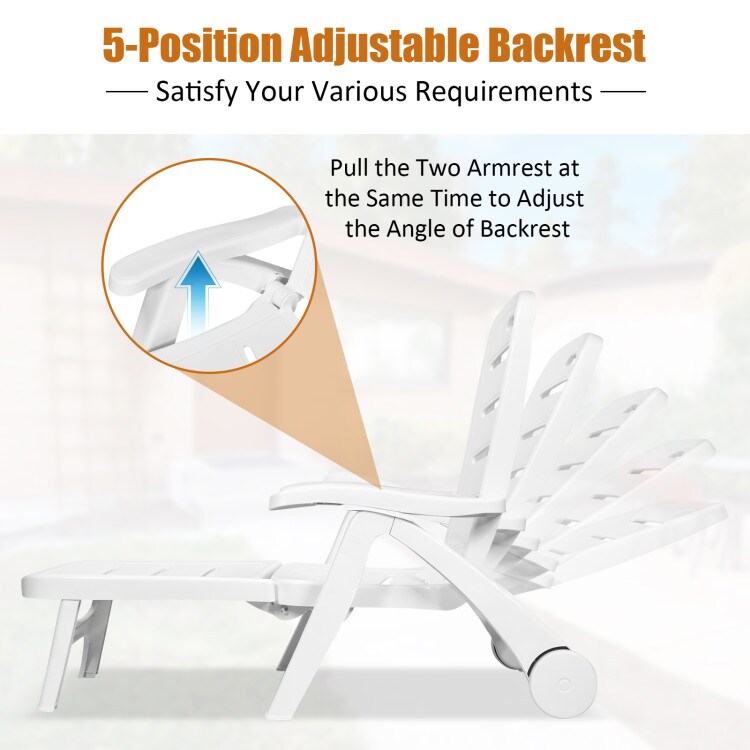 Adjustable Patio Chaise Lounge Chair 5 Position Folding with Wheels