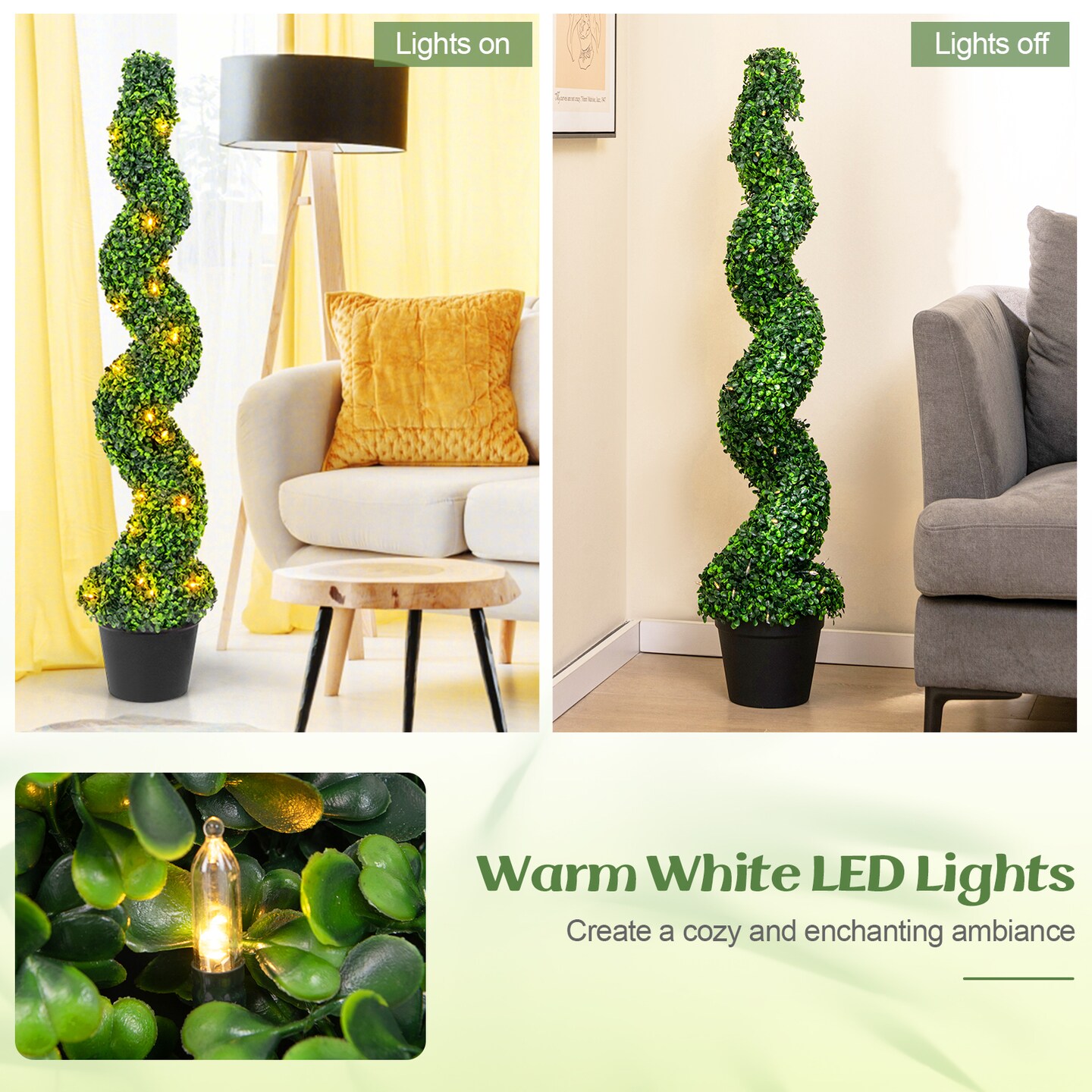 Artificial Boxwood Spiral Topiary Tree Set with Pre-Lit 100 LED Lights