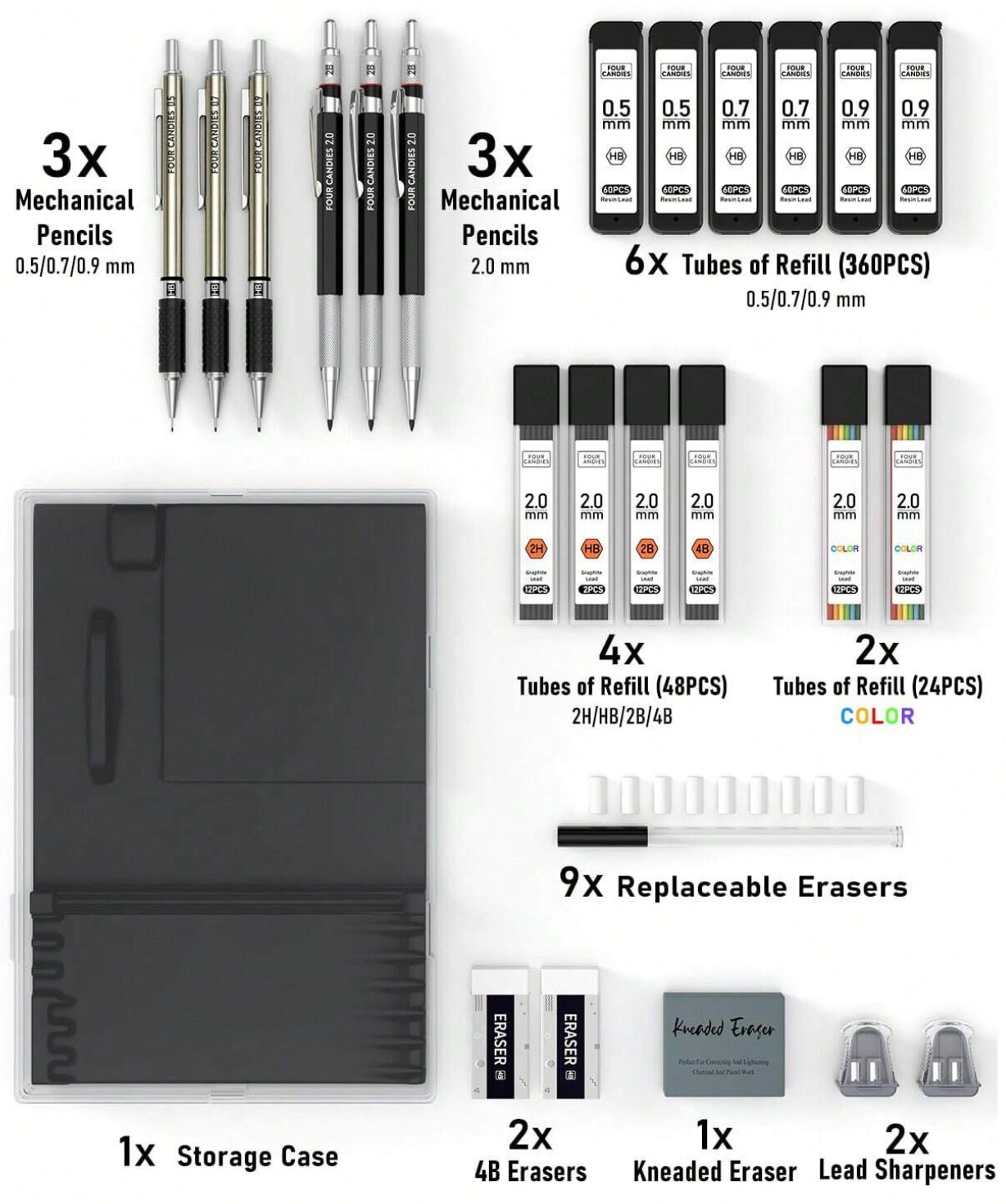 25‑Piece Art Mechanical Pencil Set with Case – Multi‑Tip 0.5/0.7/0.9 mm Pencils, Lead Holder & 432 Lead Refills for Drawing, Sketching, School & Office