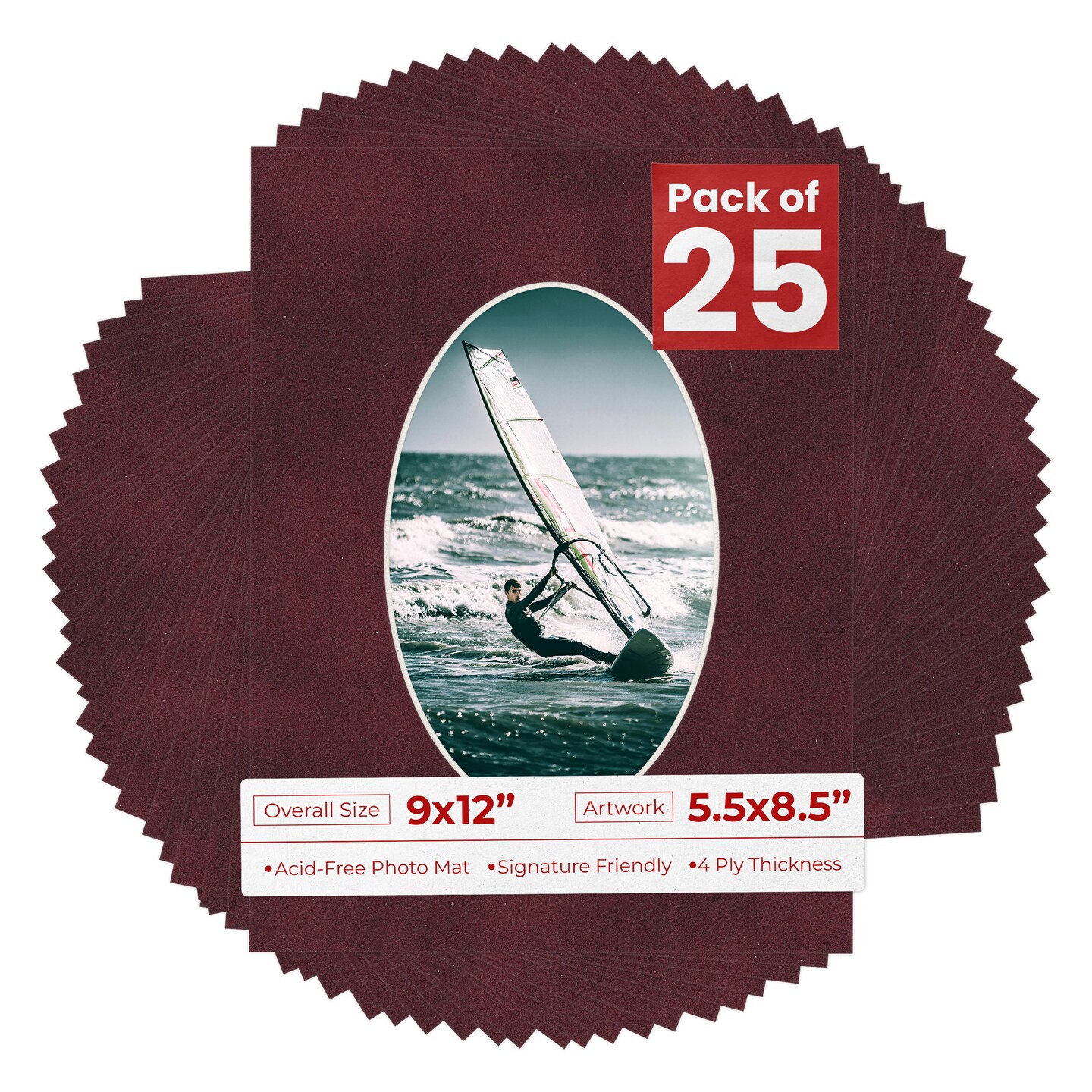 Dark Red Suede Mat Board for 9x12 Frames - Oval Opening for 5.5x8.5 Photos