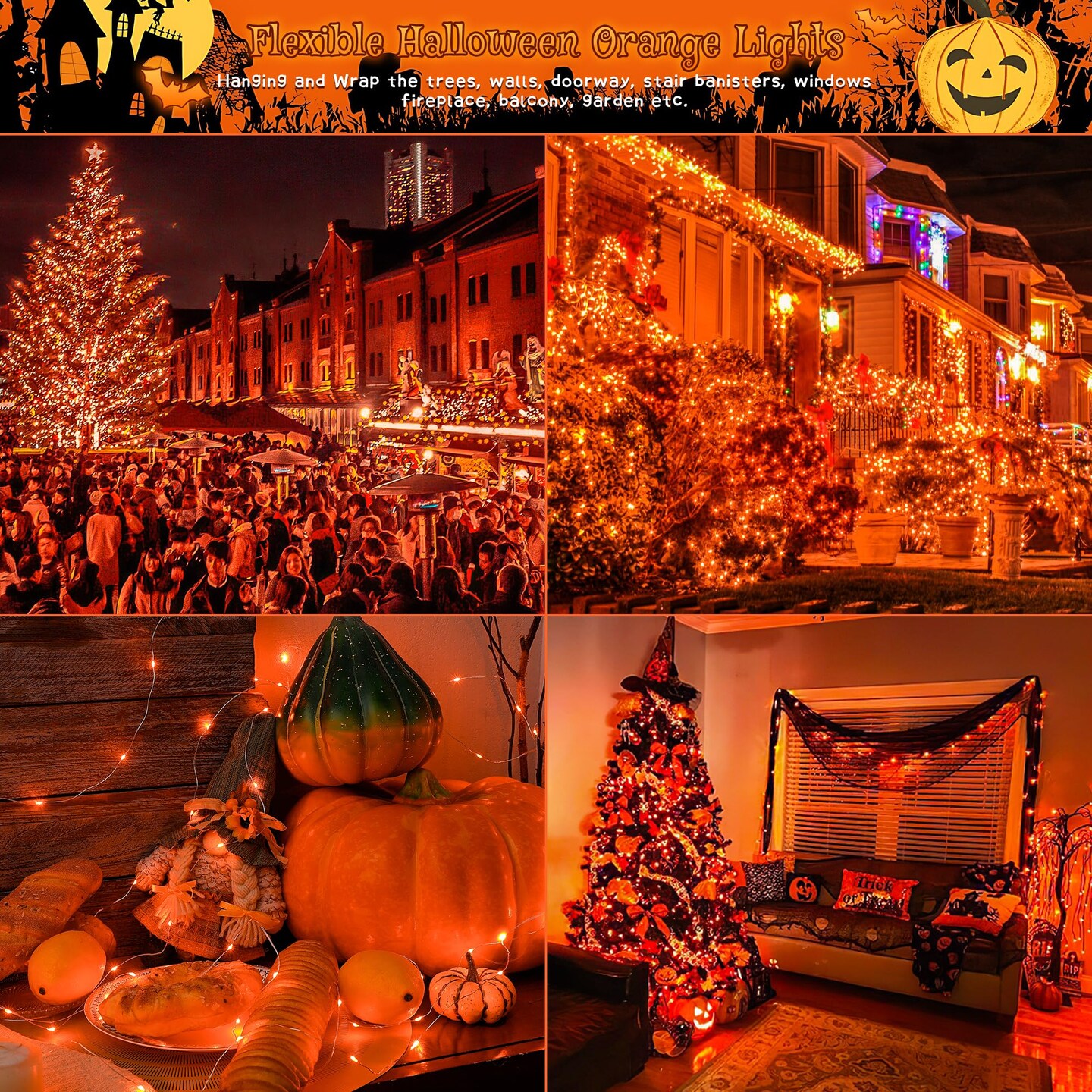 Solar Halloween Lights Outdoor,2 Pack Each 33Ft 100LED Orange Halloween Lights,Copper Wire Solar Powered Fairy String Lights 8 Modes for Garden,Tree,Thanksgiving,Christmas,Parties,Home Decor