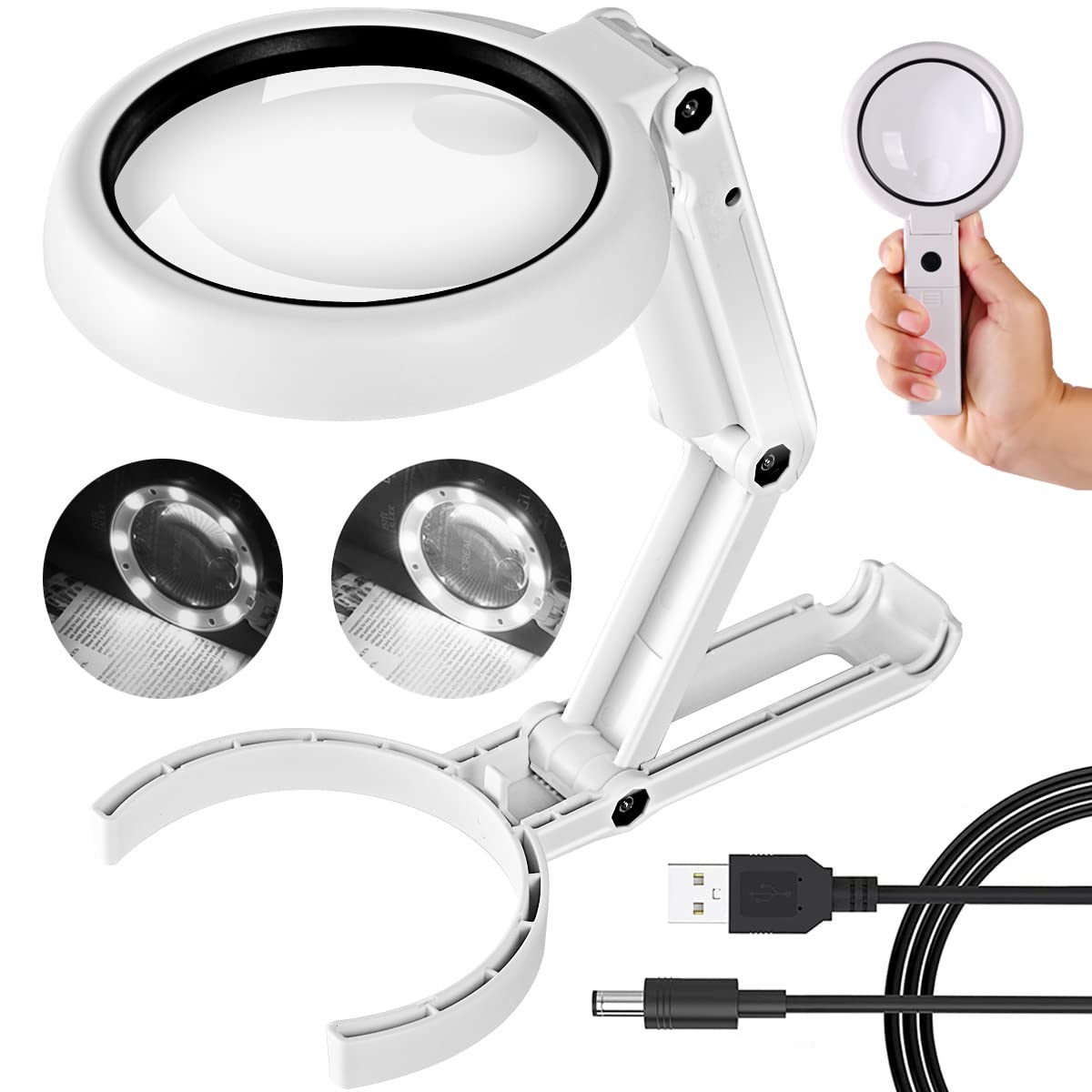 30X 10X Magnifying Glass with Light and Stand, Foldable Handheld Magnifying Glass &#x26; 2 Level Dimmable for Macular Degeneration, Seniors Reading, Close Work, Coins, Jewelry, Powered by Battery or USB