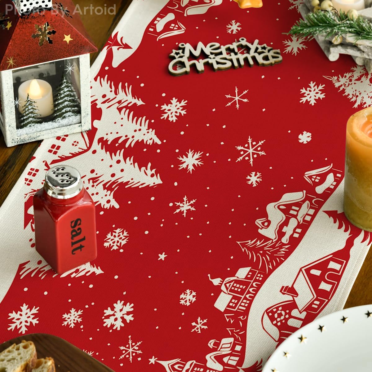 Igloo Pine Snowflake Silhouette Christmas Table Runner, Seasonal Winter Kitchen Dining Table Decor for Home Party 13x72 Inch