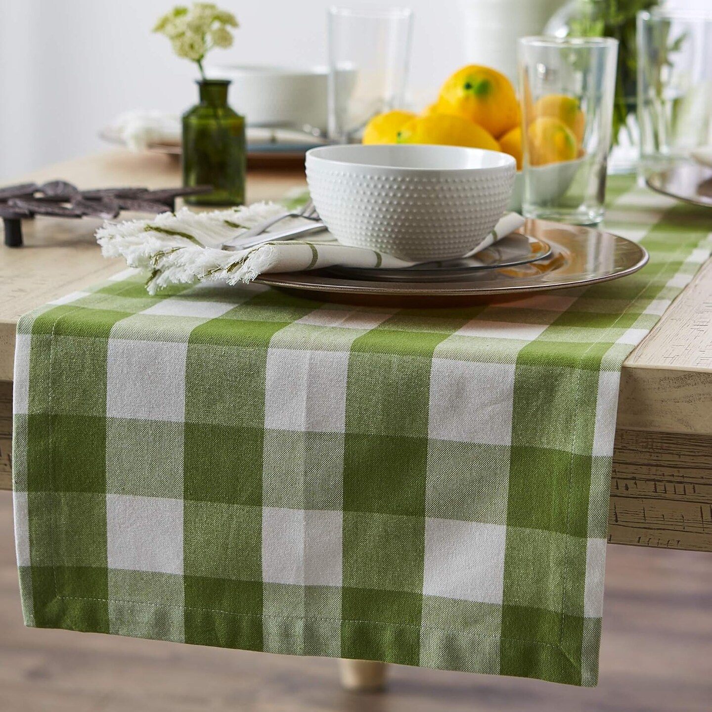 Buffalo Check Collection, Classic Farmhouse Table Runner, 14x72, Antique Green