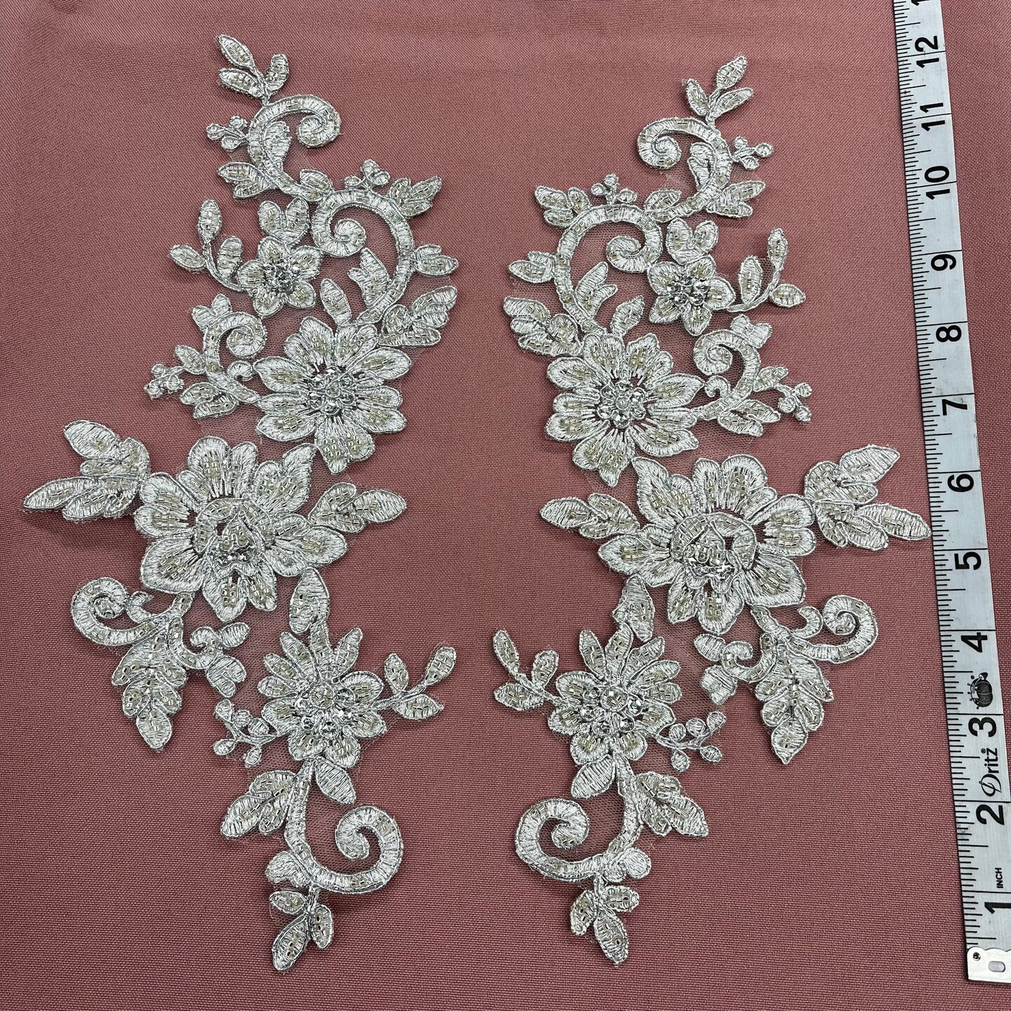 1 Pair Beaded & Corded Floral Lace Applique 100% Polyester Net Mesh 12.5" x 5" Each Side