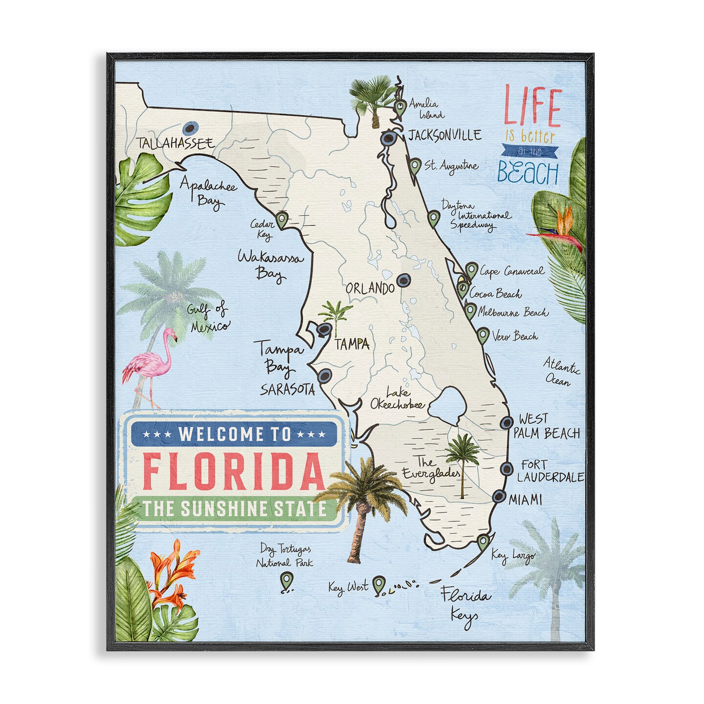 Stupell Industries Florida Map Beach Life Framed Giclee By Kim Allen ...