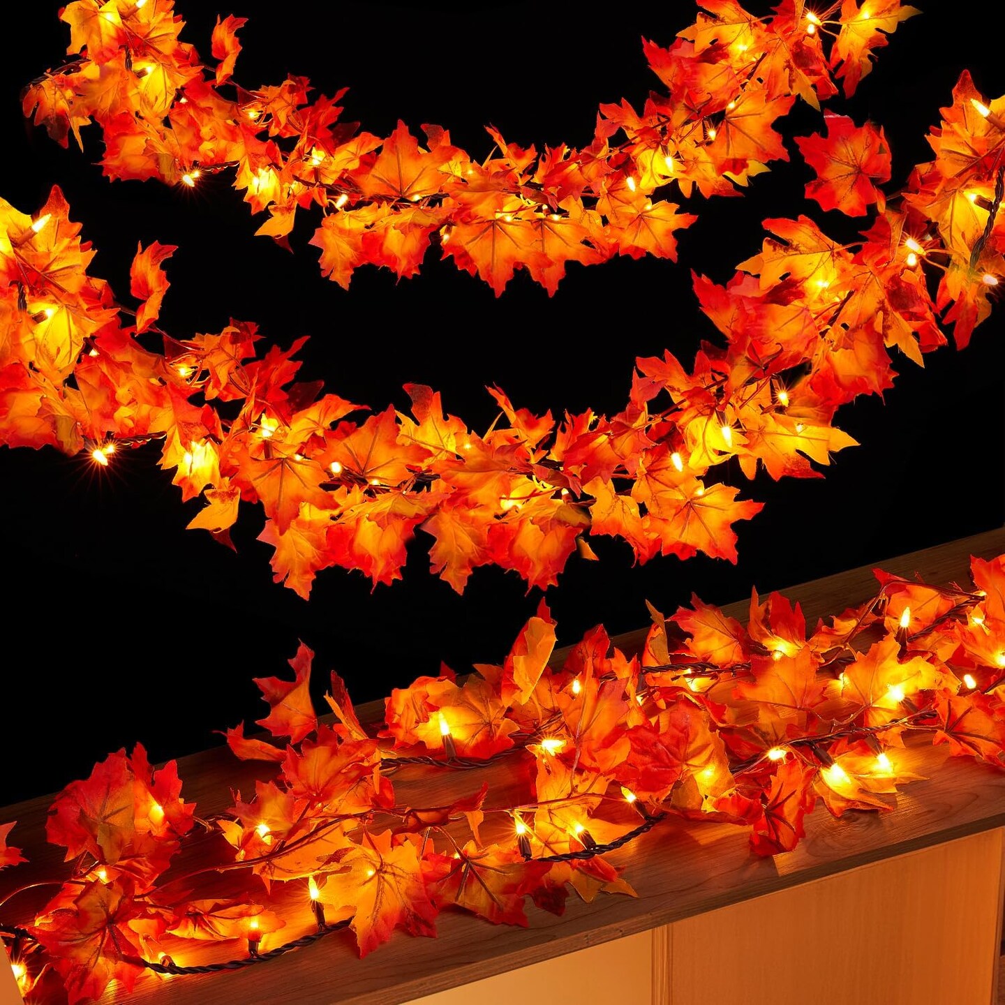 Fall Decorations for Home 9FT Plug in Thanksgiving Lights Lighted Fall Garland 50 Bulbs Maple Leaves Lights