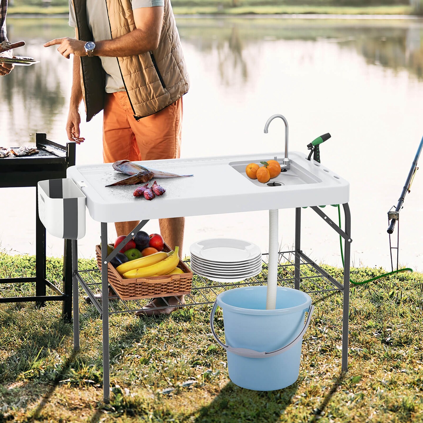 Costway Folding Fish Cleaning Table Portable Camping Table with  Faucet Hose Grid Rack