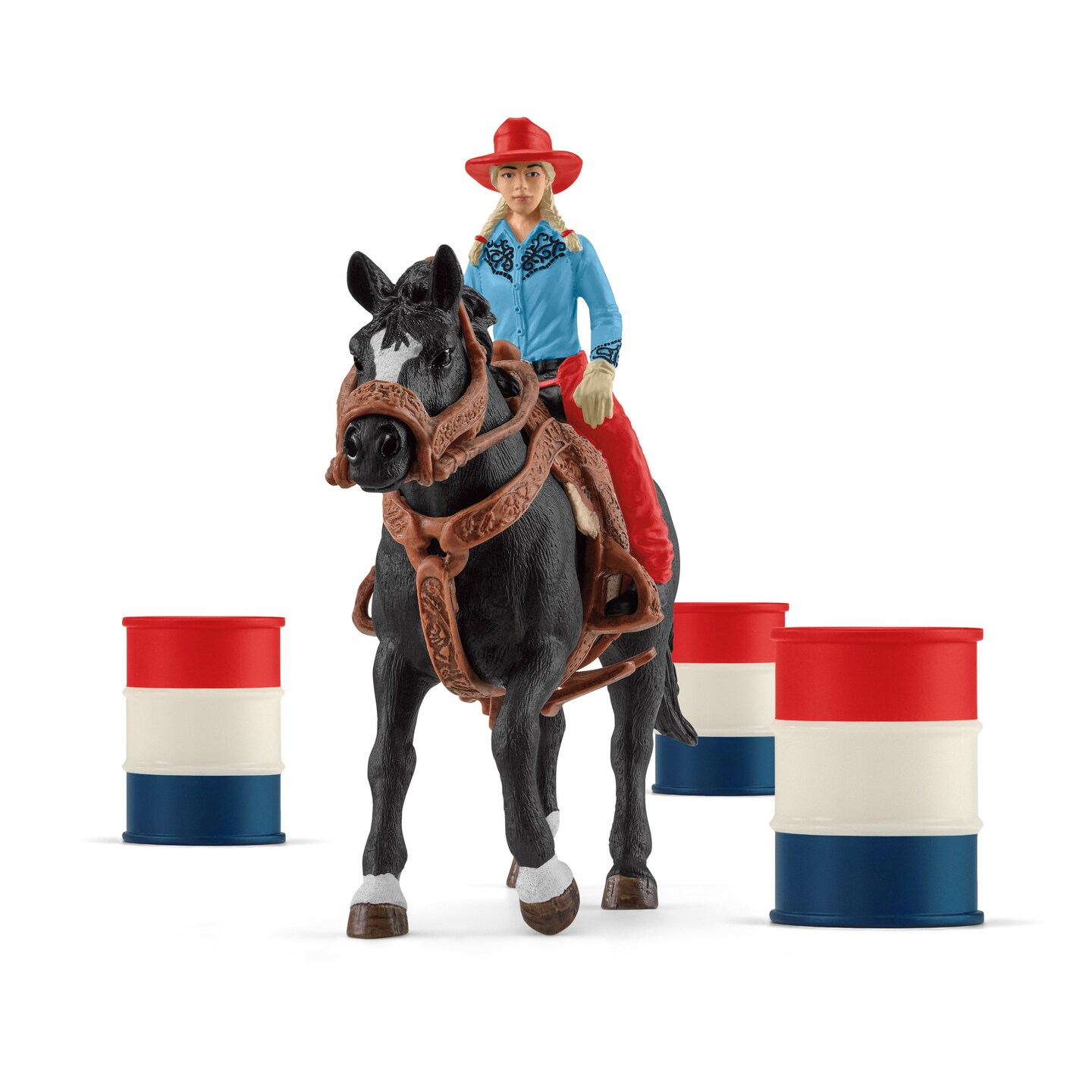 Schleich Farm World: Cowgirl Barrel Racing Fun - 7 Piece Playset, 3-Barrel Realistic Western Rodeo Animal Toys, Horse &#x26; Accessories, Kids Ages 3+